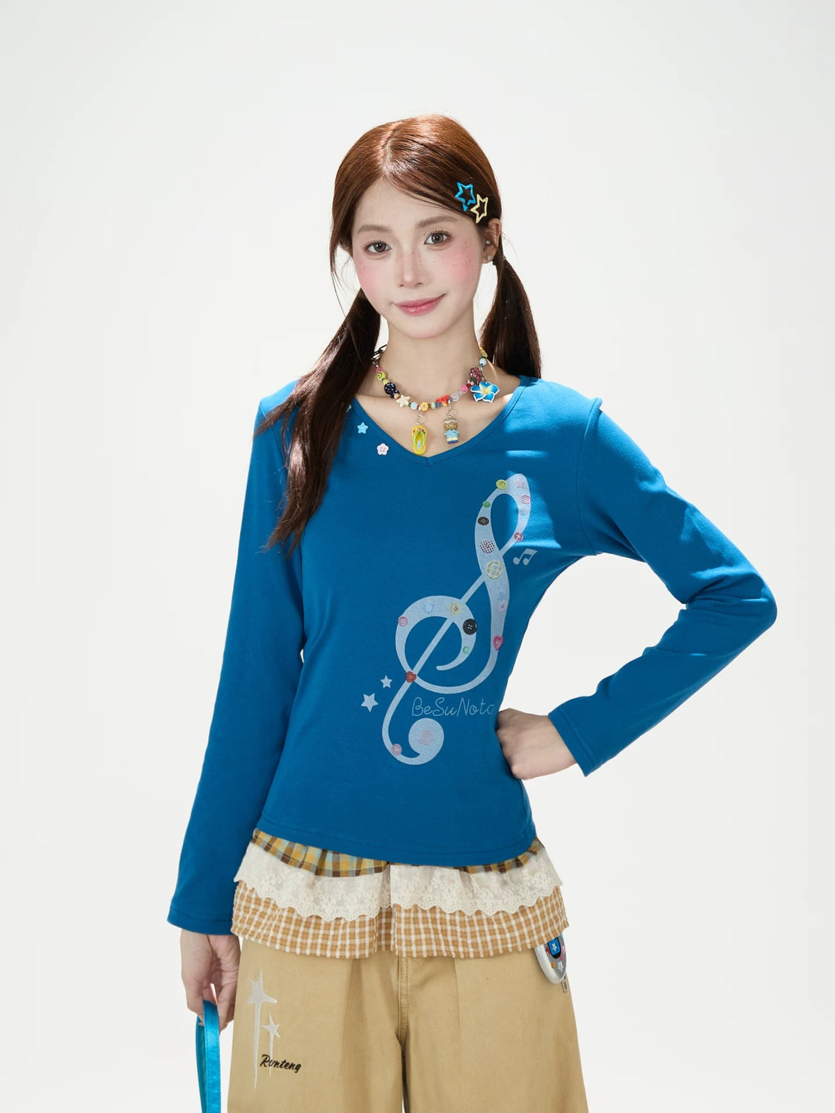 Music Note Star Button V-Neck Long Sleeve Top & Pink Stripe Wide-Leg Pants