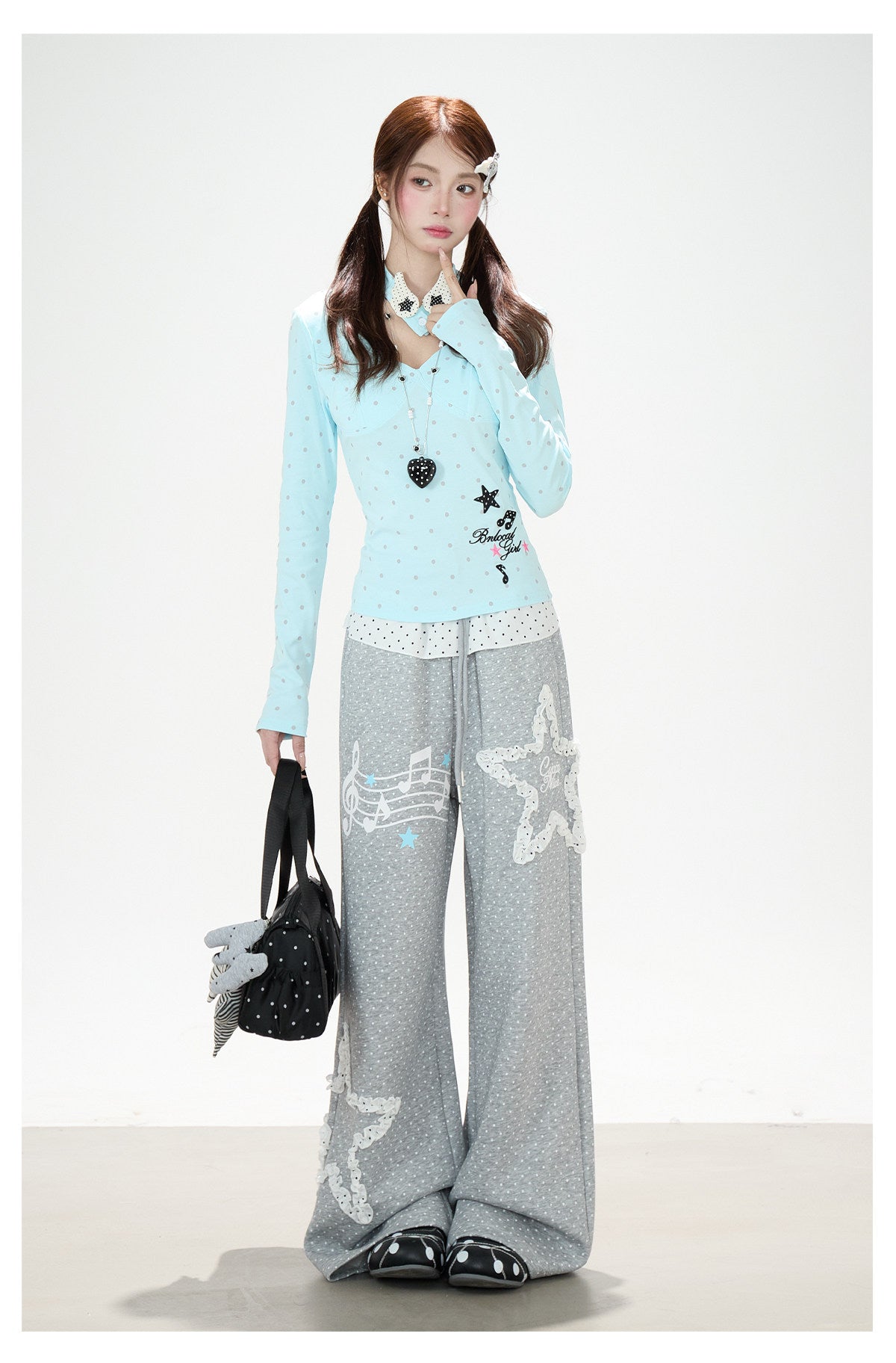 Polka-Dot V-Neck Long Sleeve Top & Lace Star Wide-Leg Pants