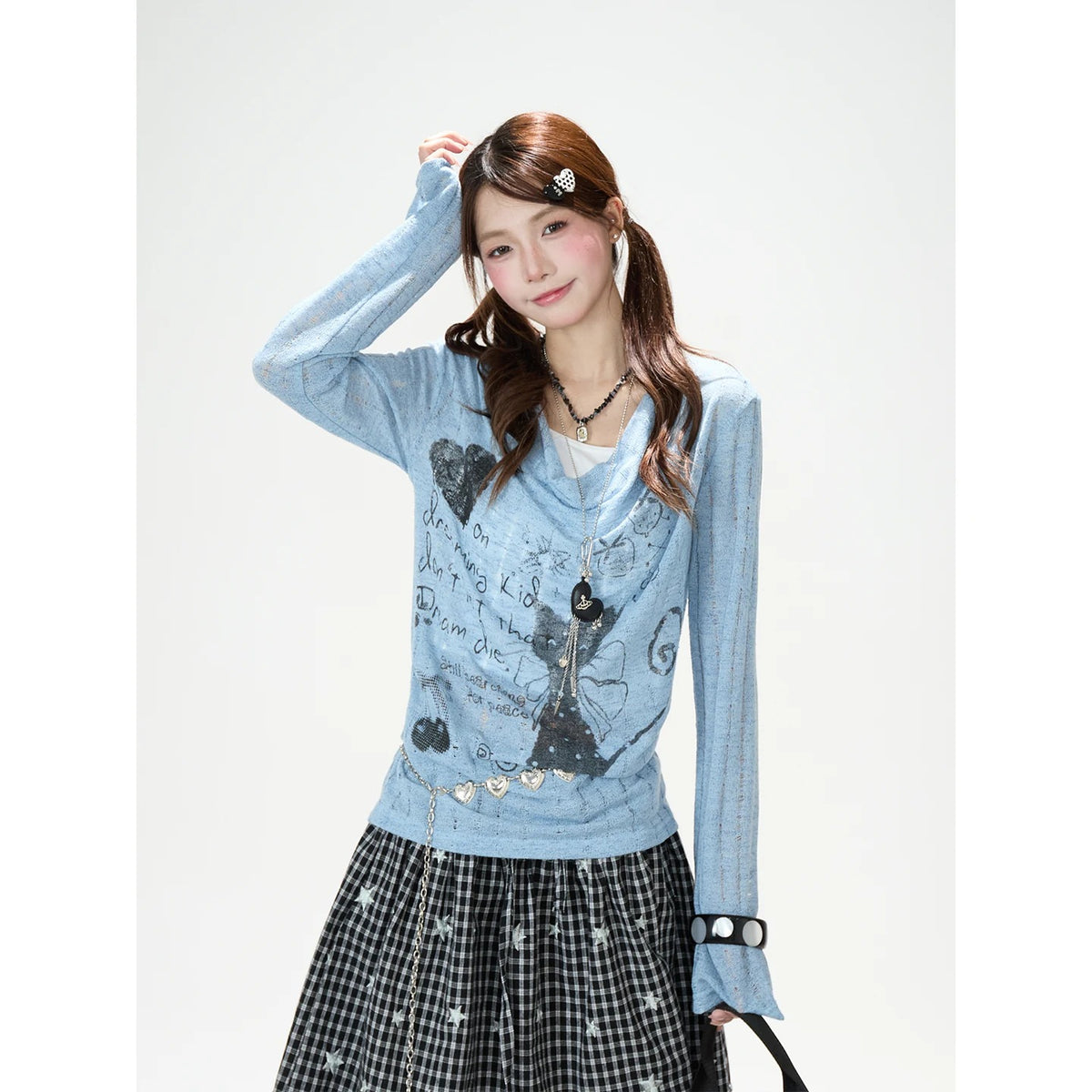 Graffiti Cutout Cowl-Neck Long Sleeve Top & Star Plaid Mini Skirt