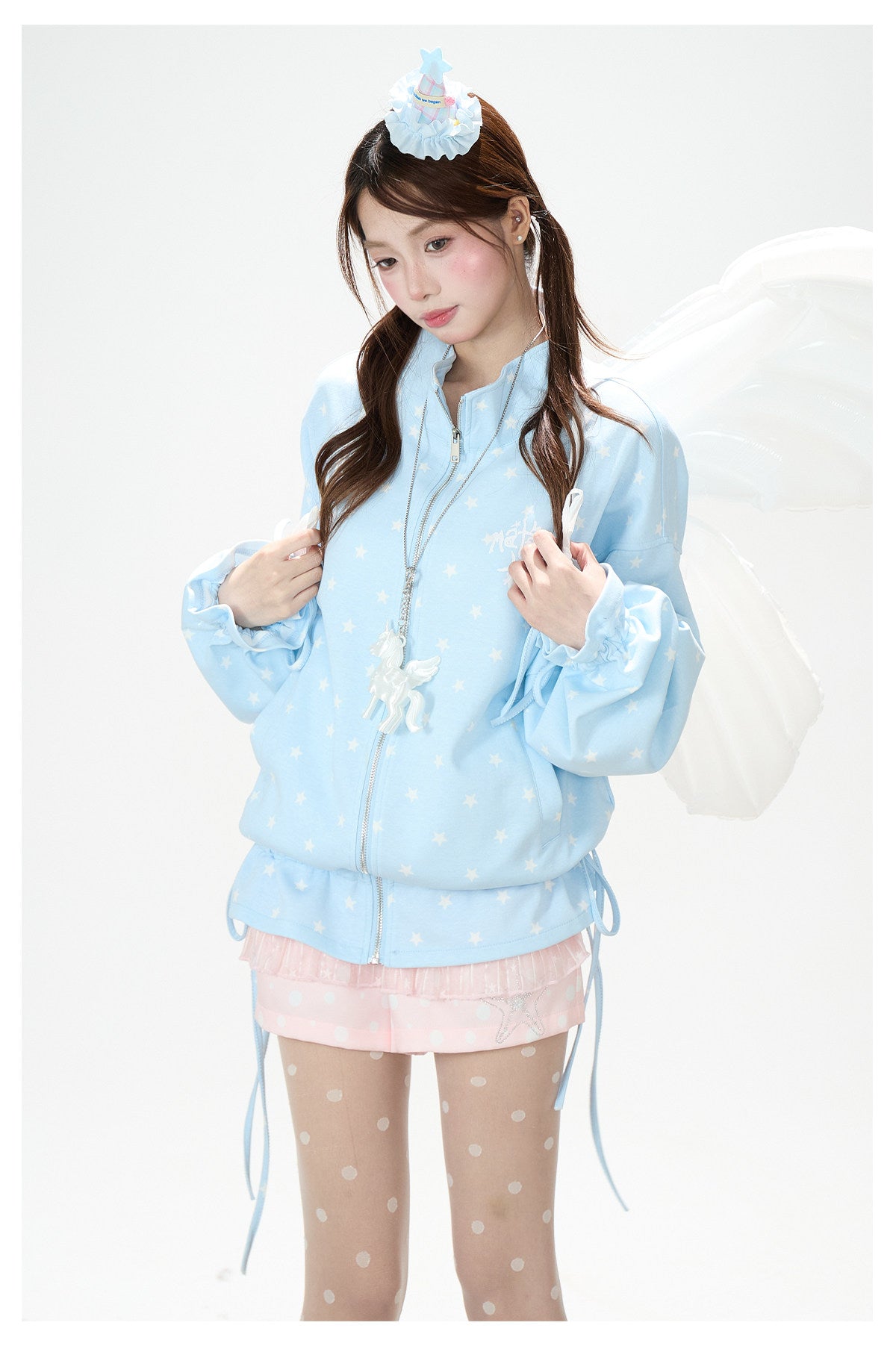 Allover Star Zip-Up Sweatshirt Jacket & Blue Plaid Tiered Midi Skirt