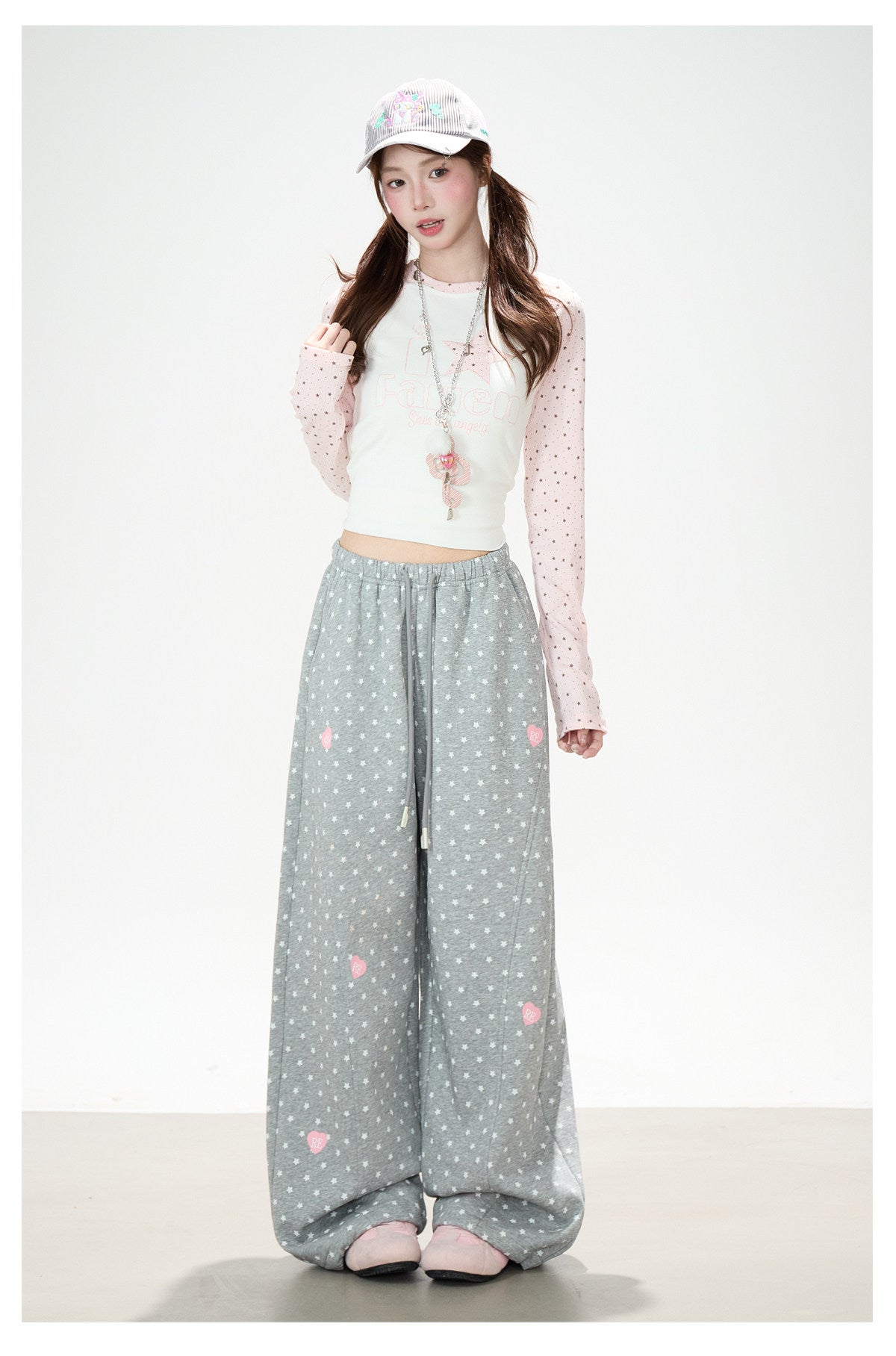 Pink Star Raglan Long Sleeve Top & Gray Heart Star Wide-Leg Pants