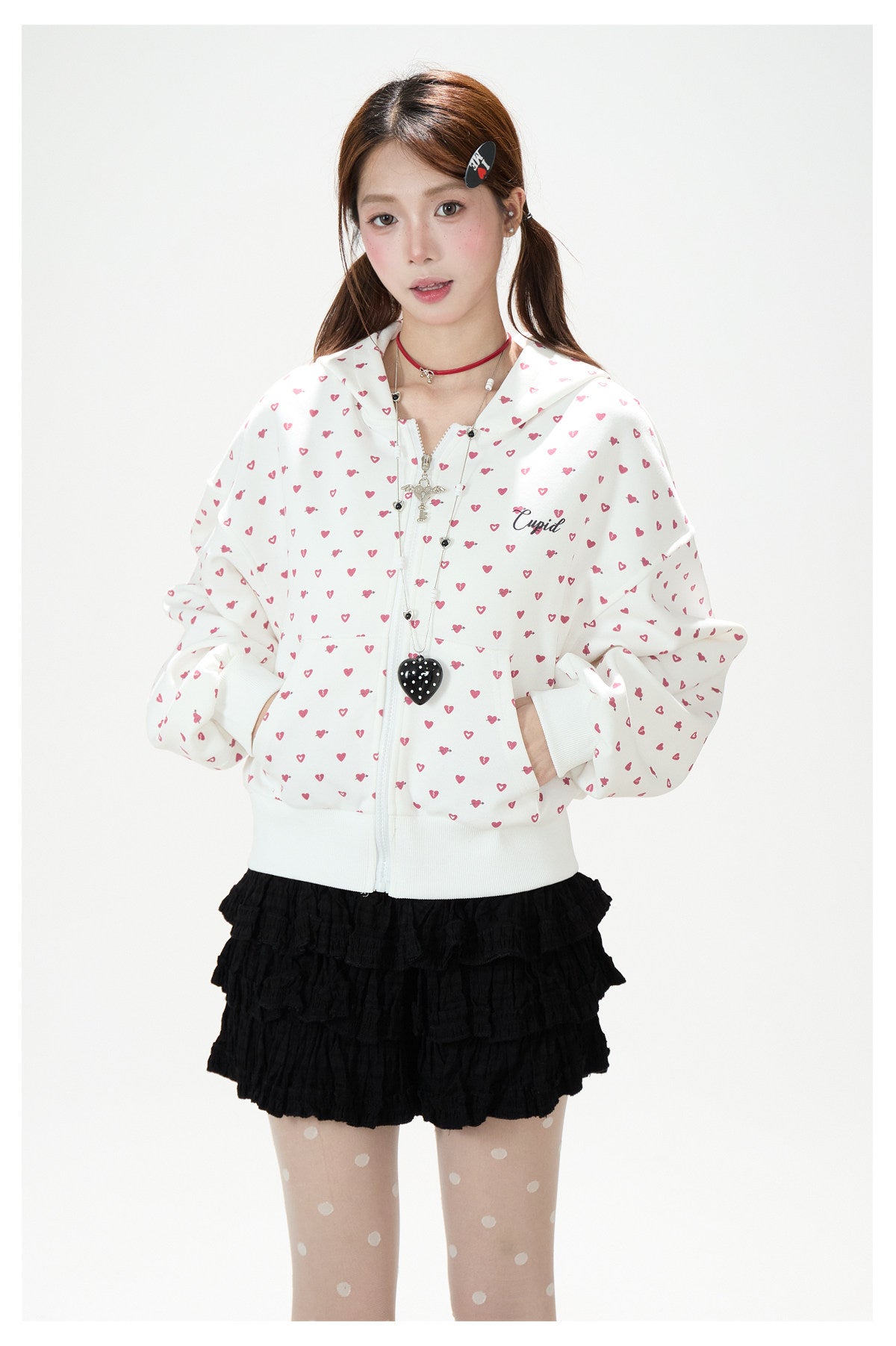 Heart Print Zip-Up Hoodie & Black Tiered Ruffle Mini Skirt