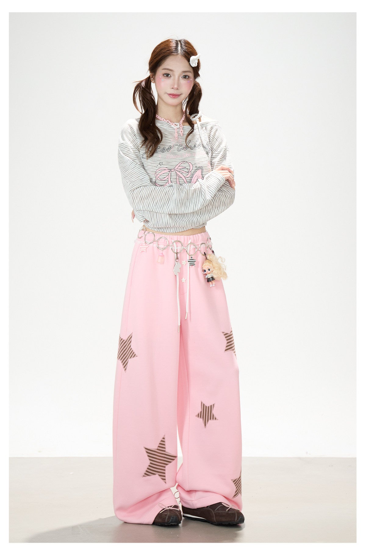 Bow Stripe Off-Shoulder Long Sleeve Top & Pink Wide-Leg Pants