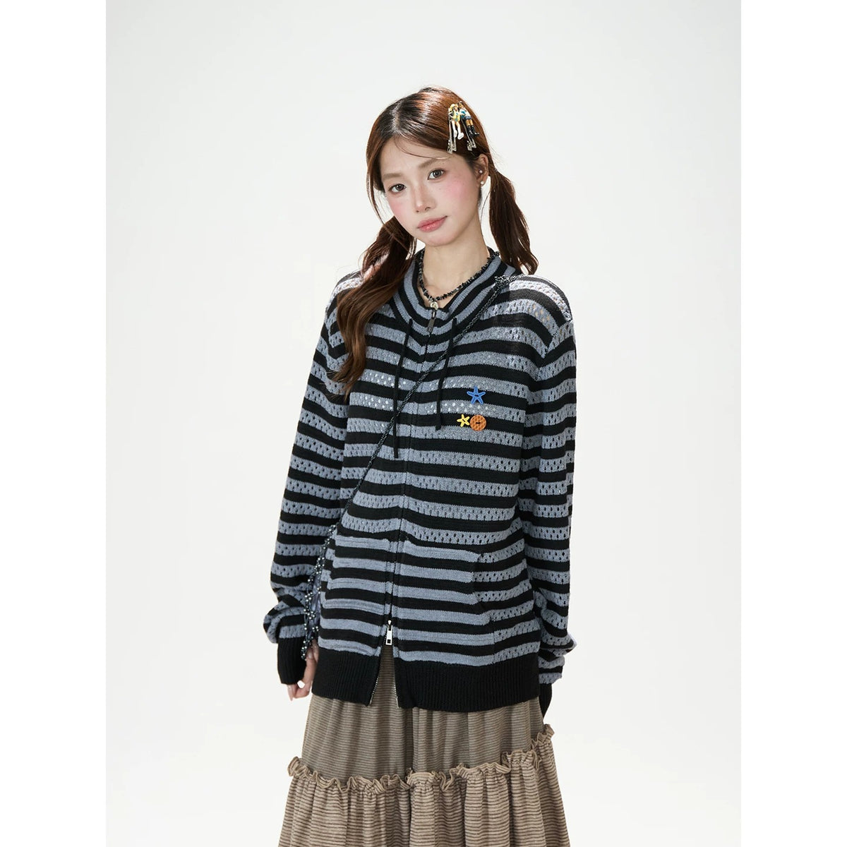 Striped Openwork Knit Cardigan & Black Polka-Dot Pleated Midi Skirt