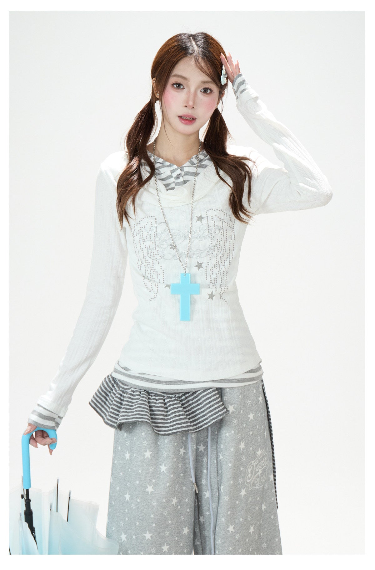 Cowl-Neck Hooded Layered Long Sleeve Top & Gray Wide-Leg Pants