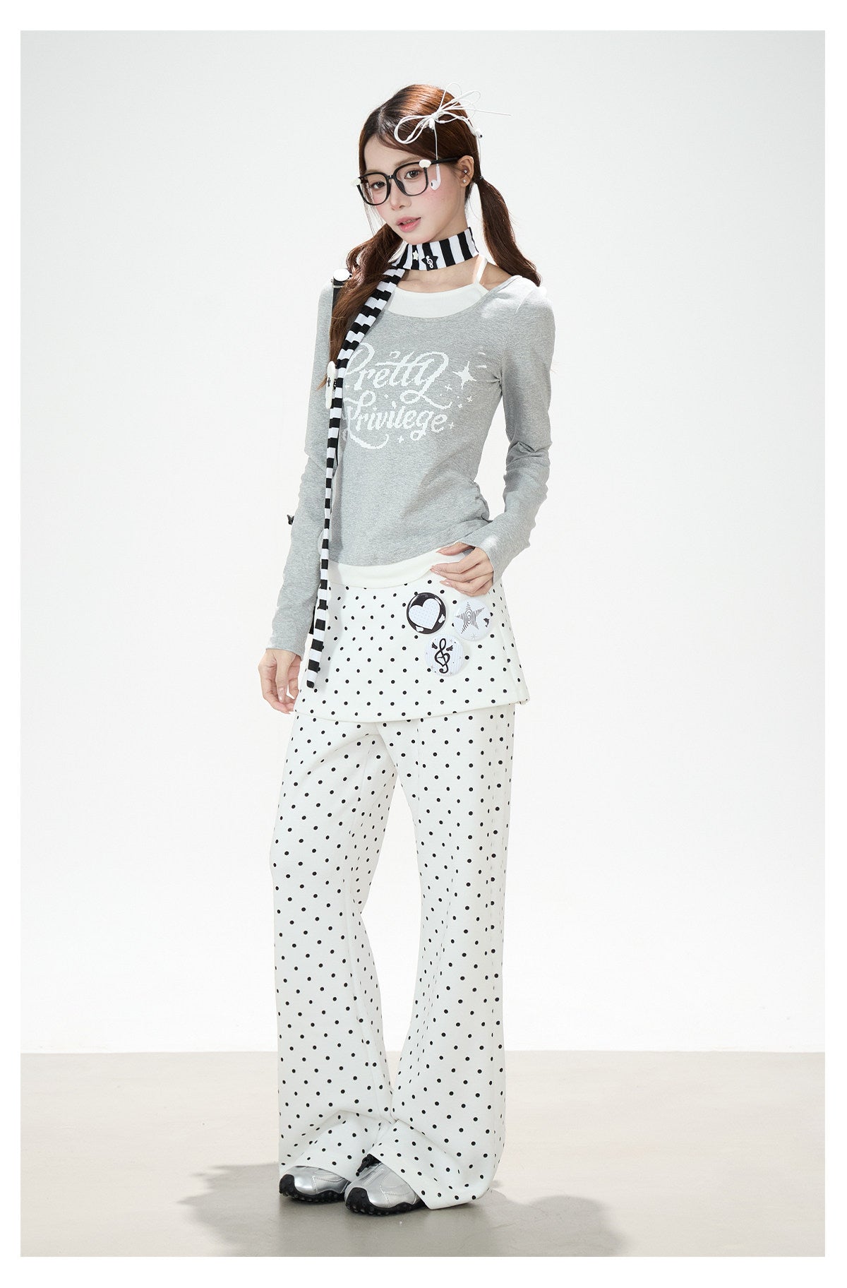 Polka-Dot Skirt-Layer Flared Sweatpants