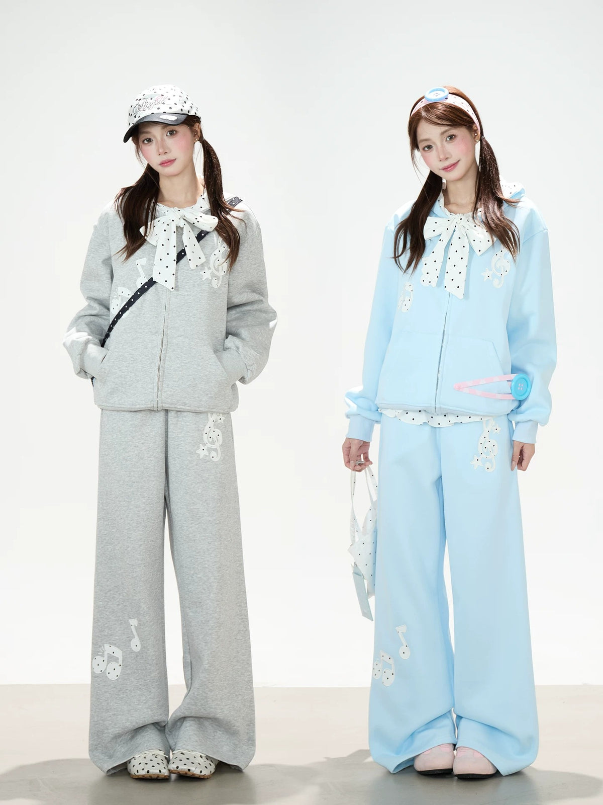 Music Note Polka-Dot Bow Zip-Up Hoodie & Gray Wide-Leg Pants