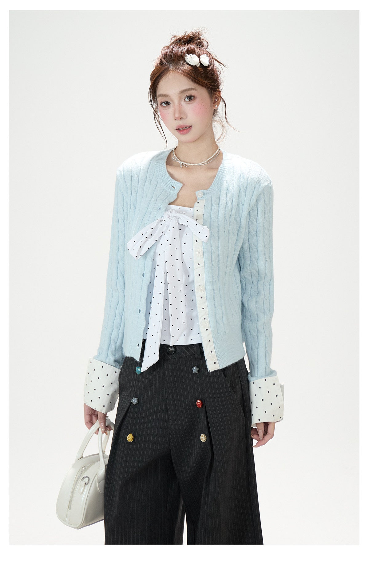 Polka-Dot Bow Knit Cardigan & Black Pinstripe Wide-Leg Pants
