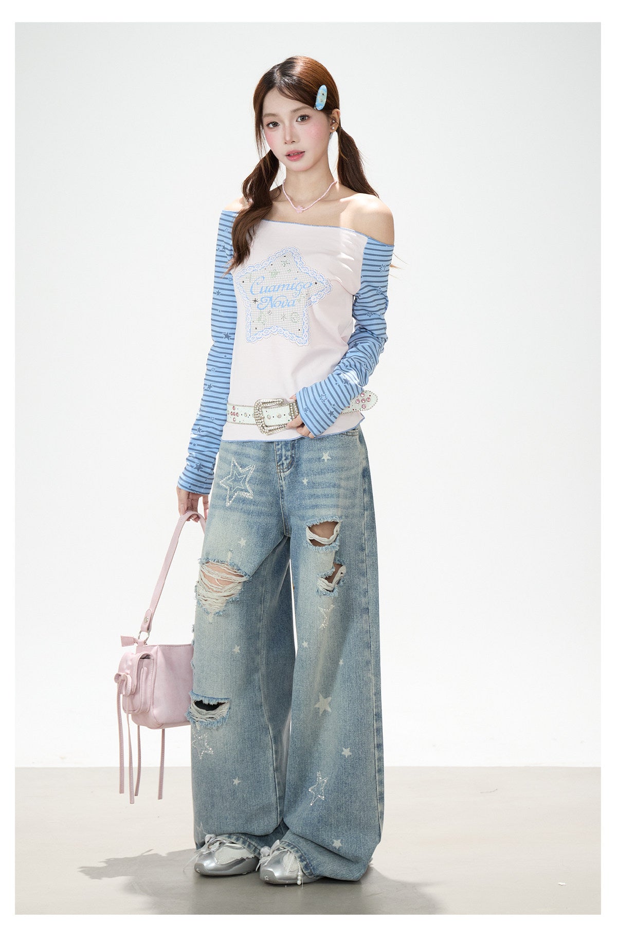 Star Stripe Off-Shoulder Long Sleeve Top & Graphic Star Wide-Leg Pants