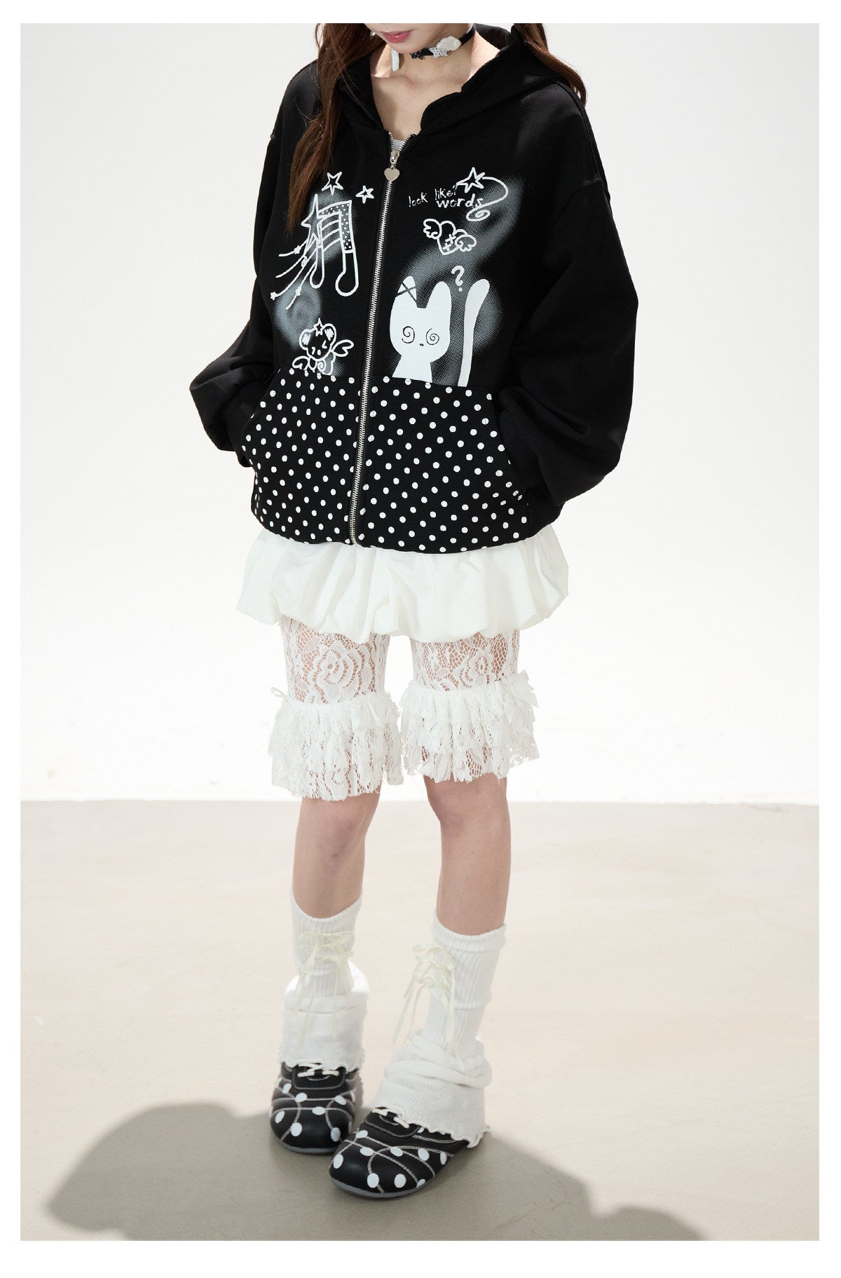 Cartoon Polka-Dot Zip-Up Hoodie & Star Print Shorts