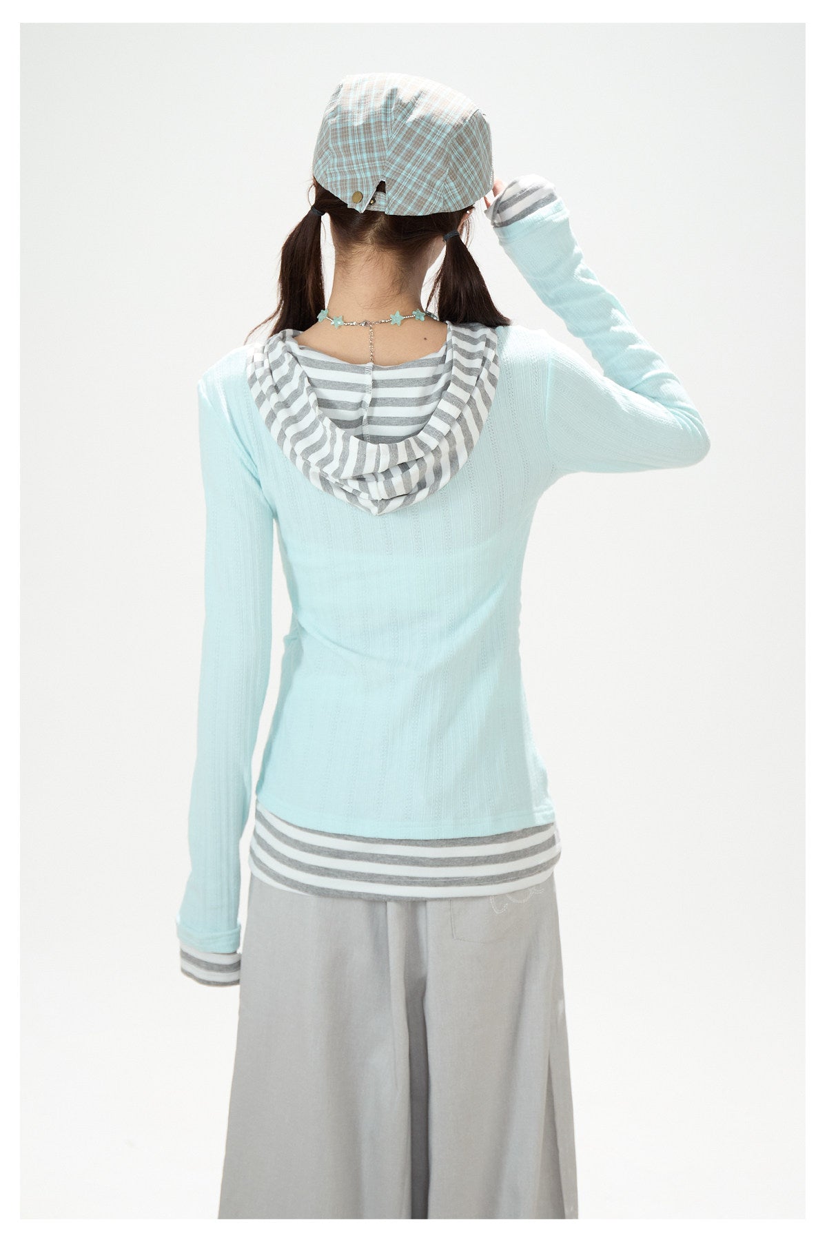 Cowl-Neck Hooded Layered Long Sleeve Top & Gray Wide-Leg Pants
