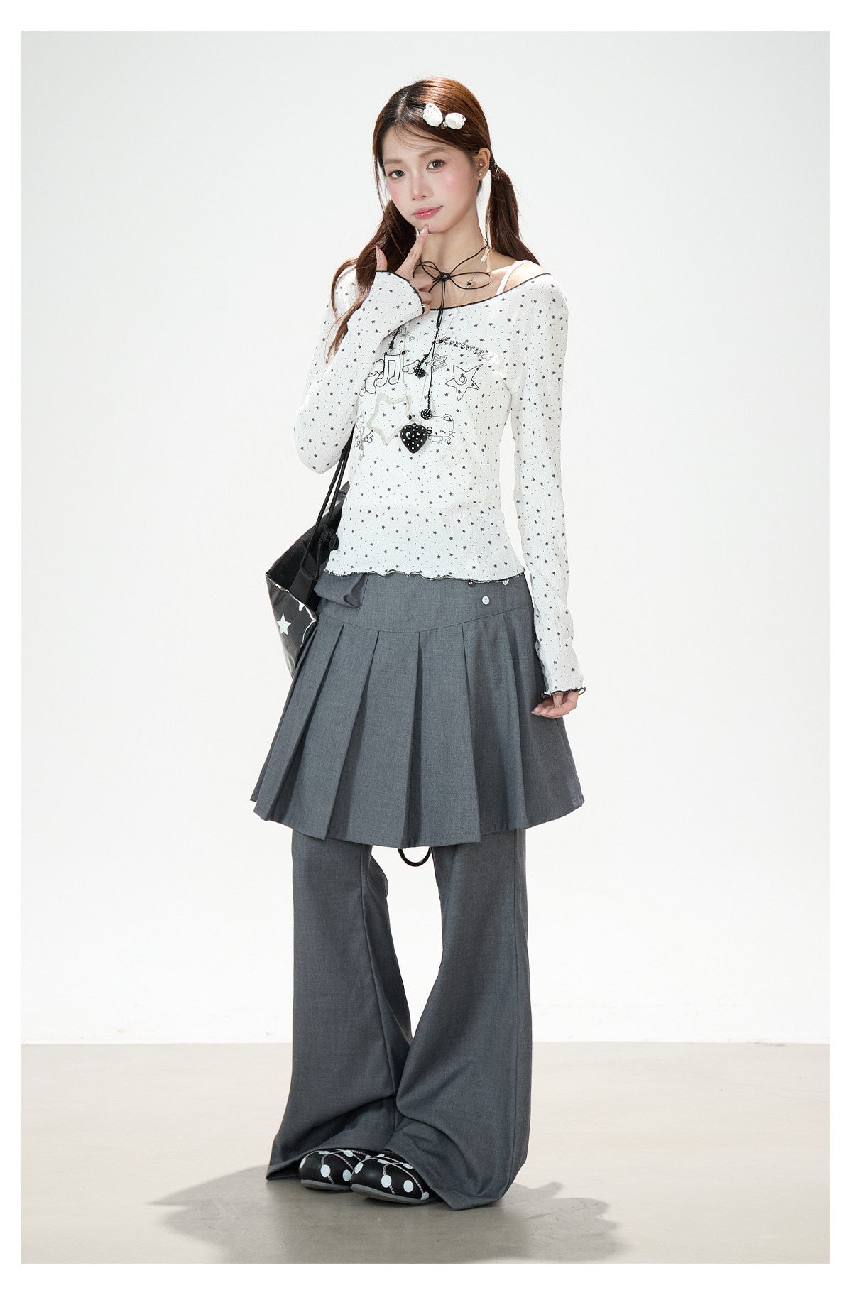 Star Cartoon Fitted Long Sleeve Top & Pleated Skirt-Layer Wide-Leg Pants