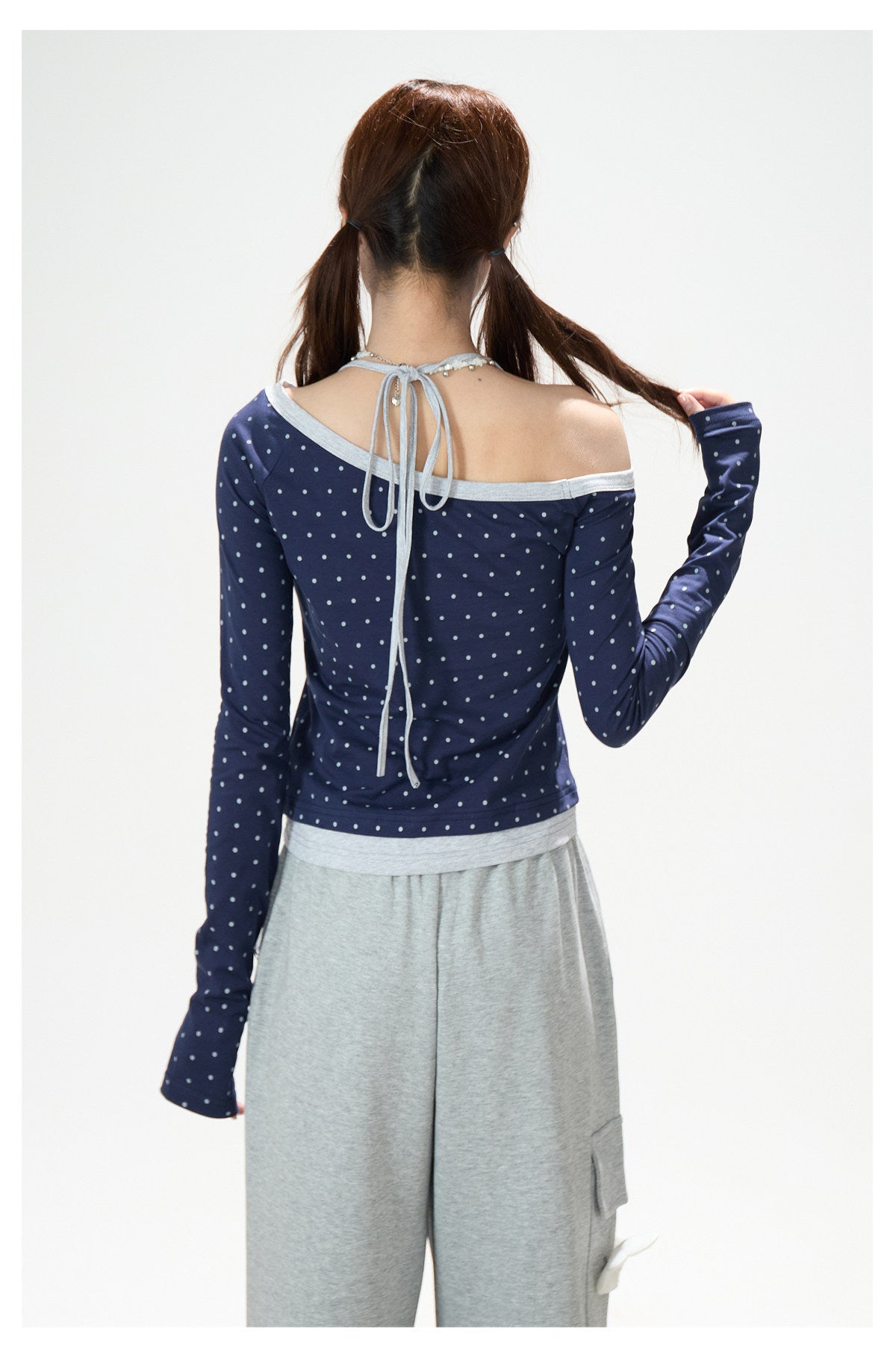 Letter Polka-Dot Off-Shoulder Layered Long Sleeve Top & Cartoon Star Wide-Leg Jeans with Charm