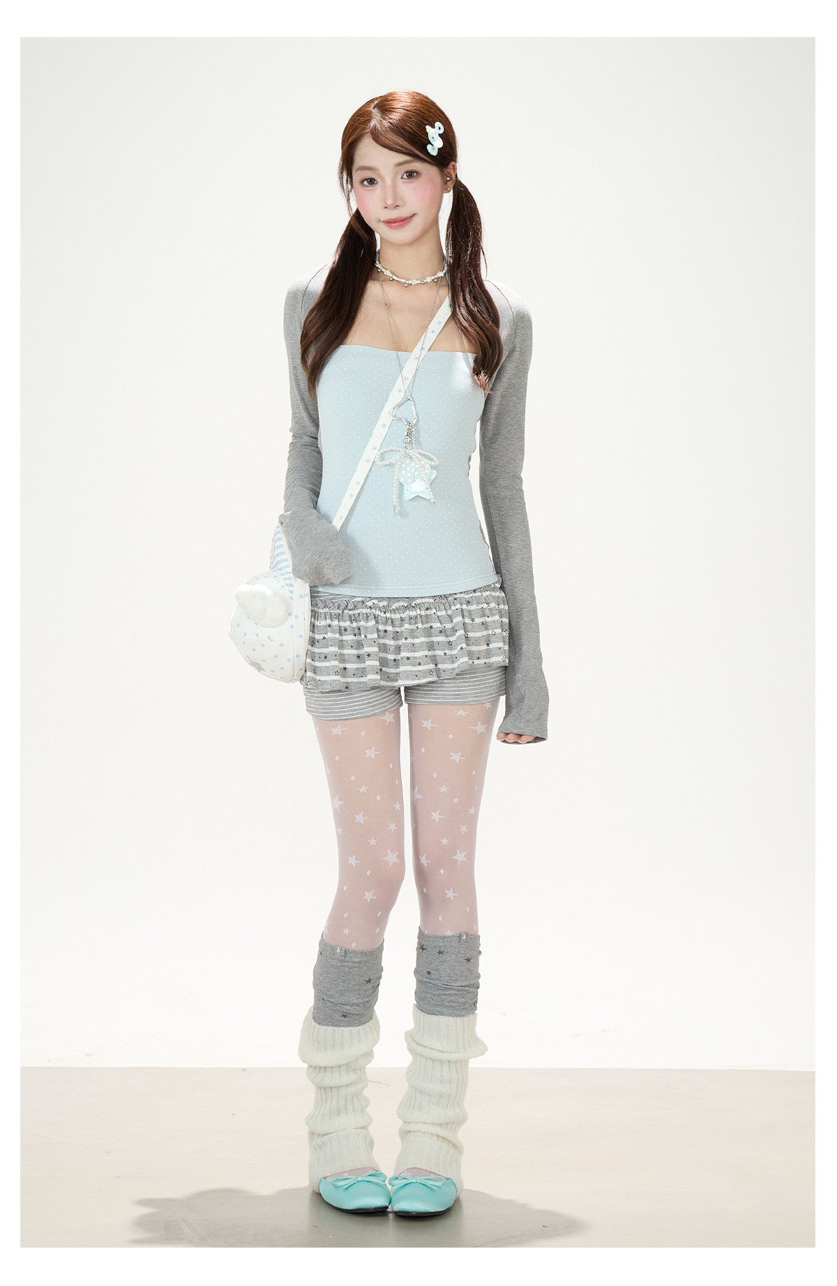 Polka-Dot Layered Cami Long Sleeve Top & Gray Ruffle Shorts