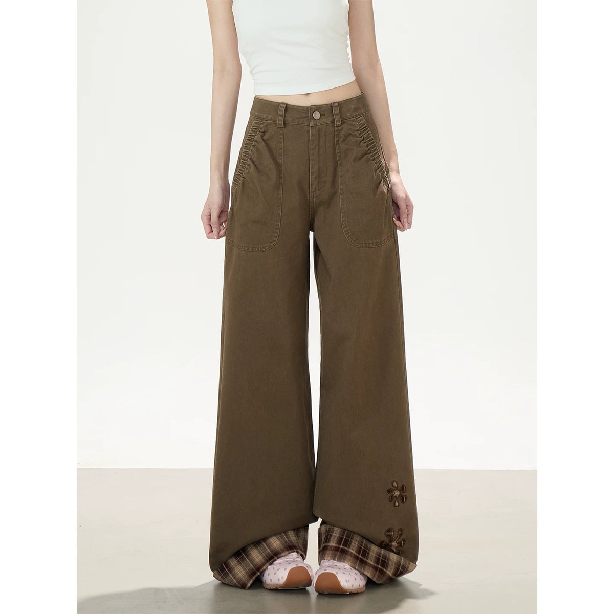 Plaid-Cuff Vintage Wide-Leg Work Pants