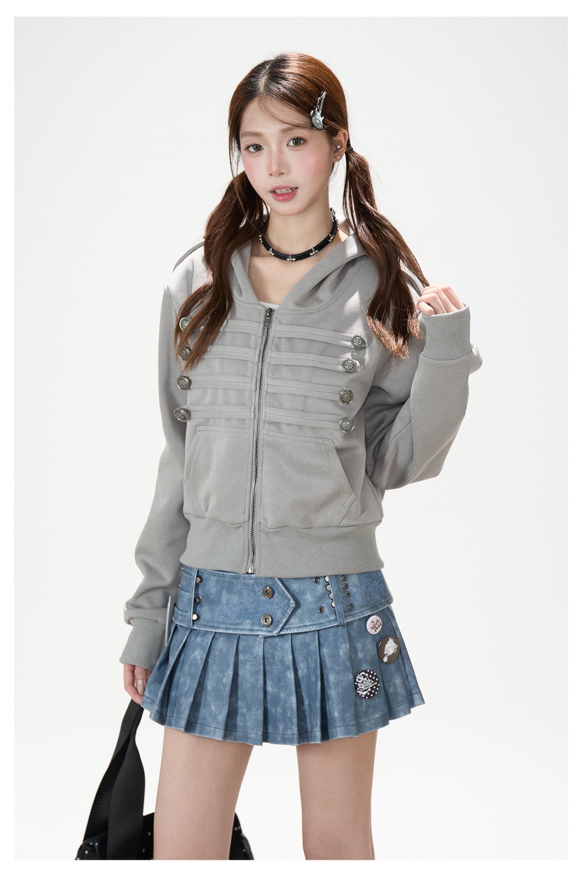 Utility Button Zip-Up Hoodie & Blue Pleated Mini Skirt