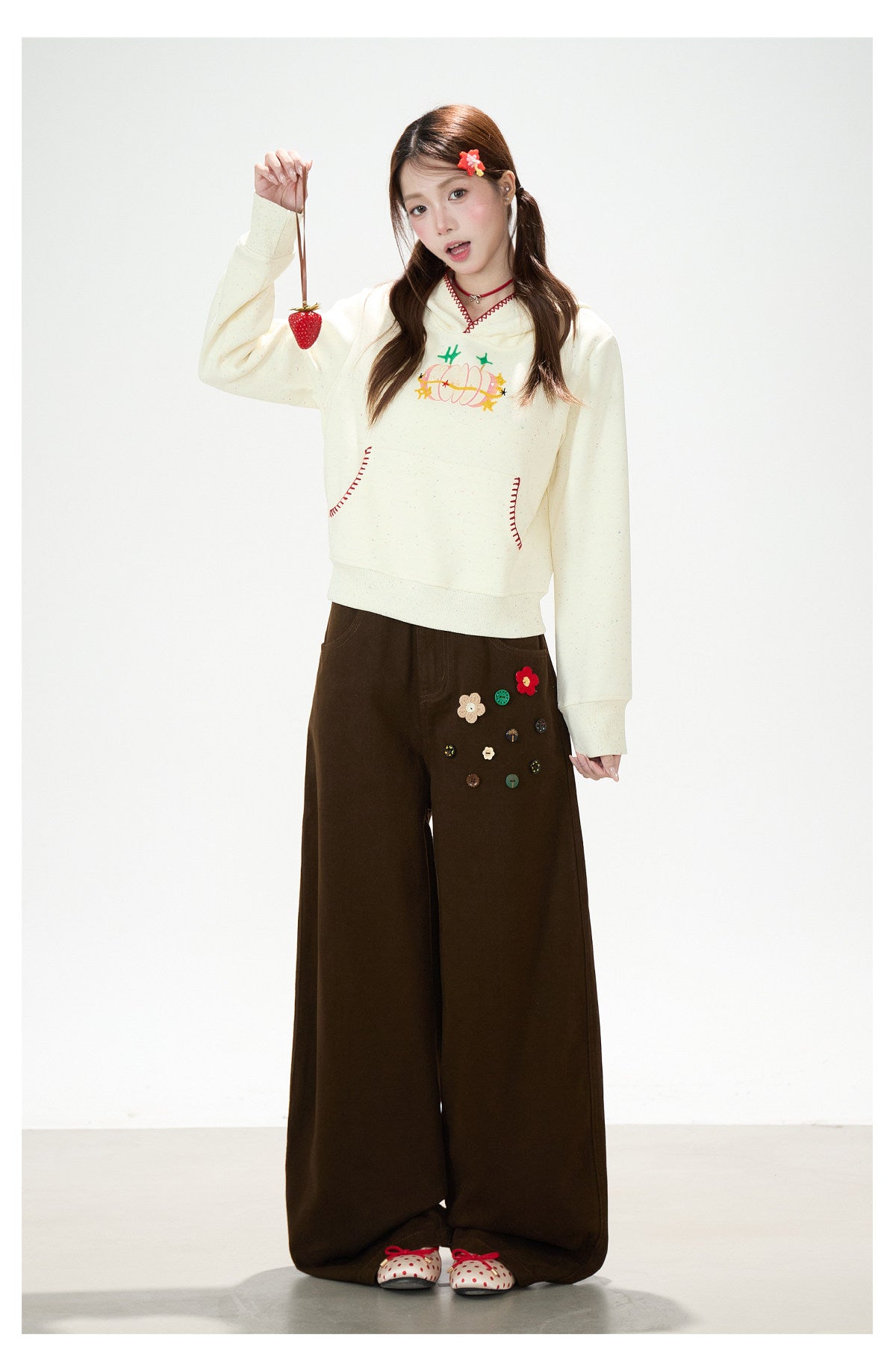 Apple Embroidered Hoodie & Floral Wide-Leg Sweatpants