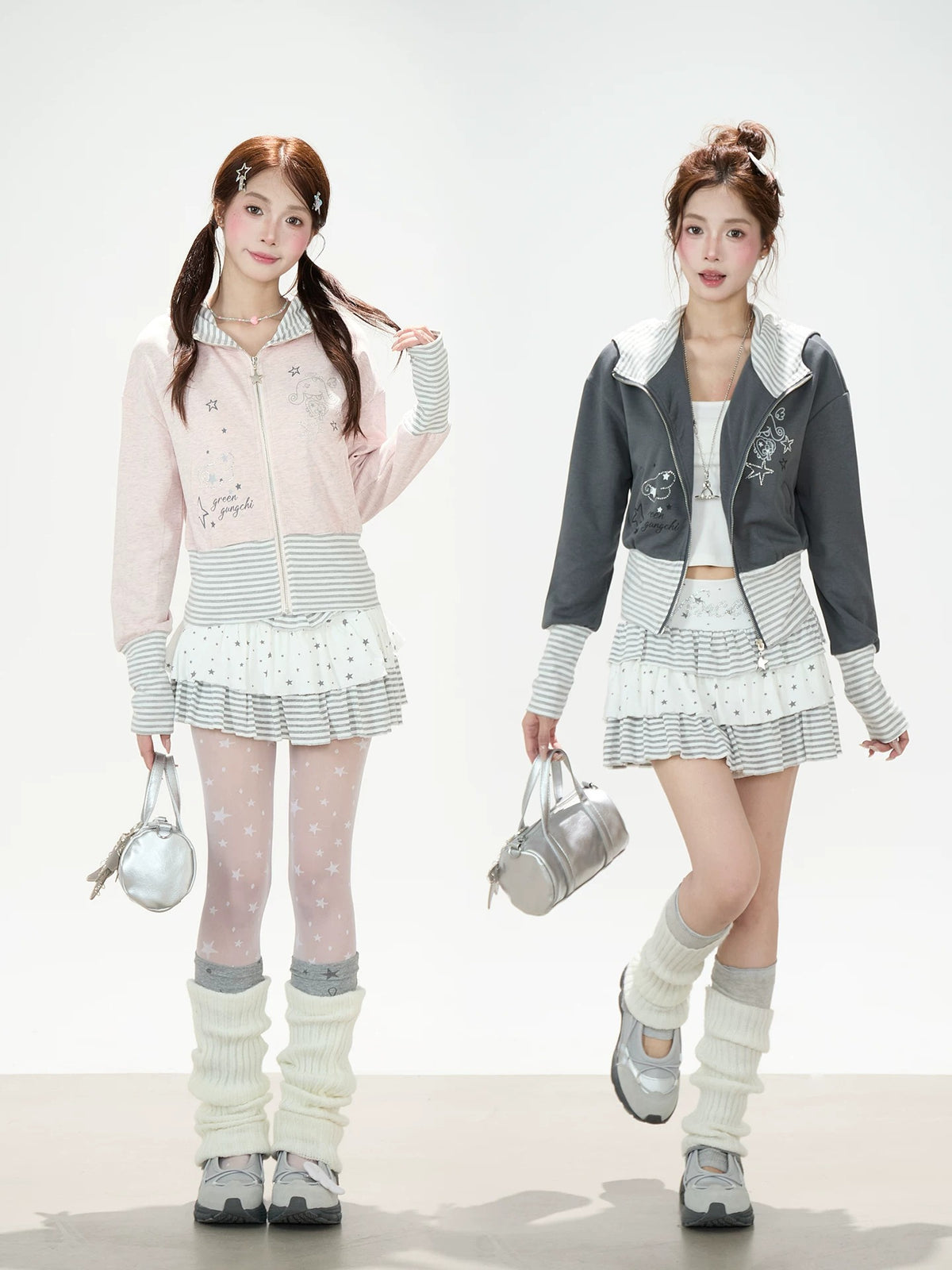 Cartoon Stripe Bunny-Ear Zip-Up Hoodie