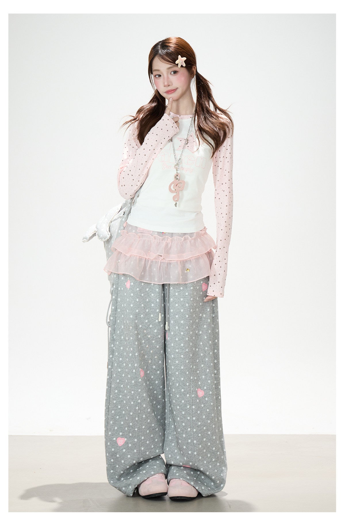 Pink Star Raglan Long Sleeve Top & Gray Heart Star Wide-Leg Pants