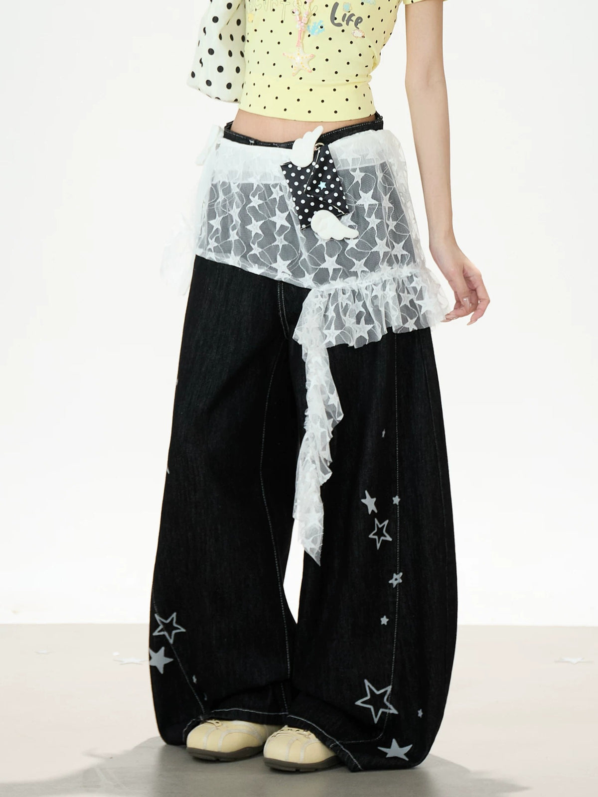 Star Print Lace Layered Wide-Leg Jeans