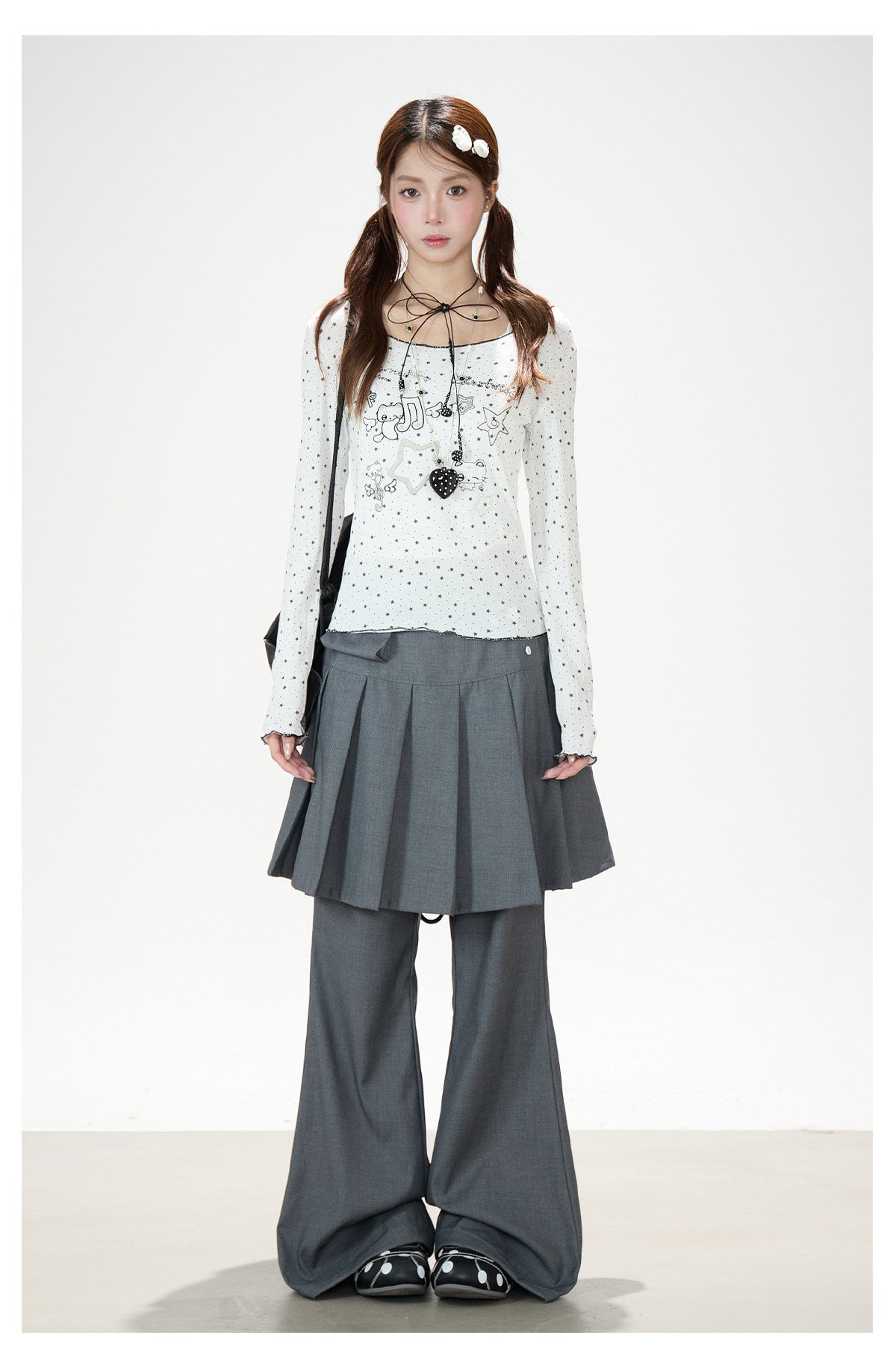 Star Cartoon Fitted Long Sleeve Top & Pleated Skirt-Layer Wide-Leg Pants