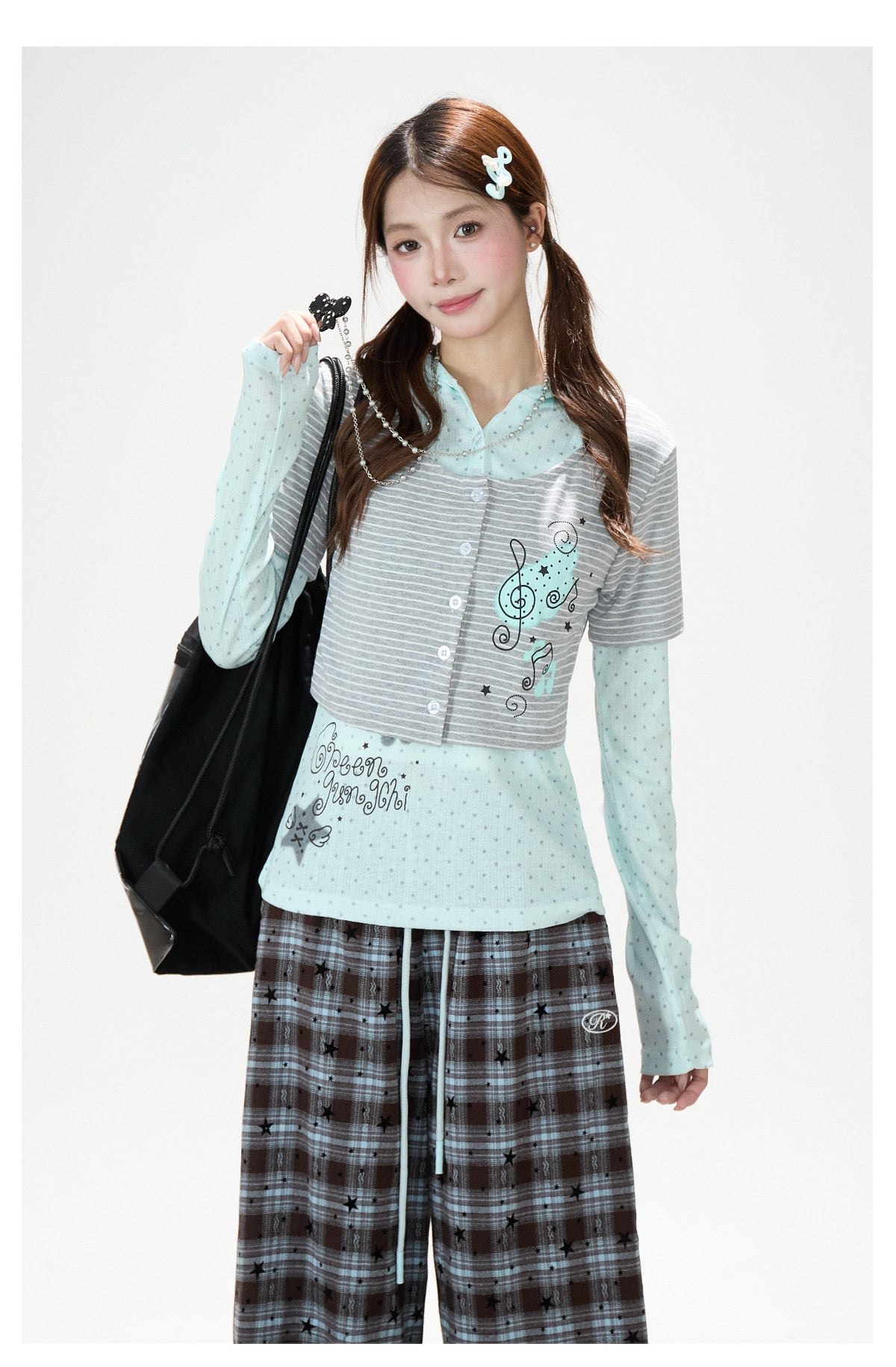 Striped Polka-Dot Layered Two-Piece Top Set & Star Patch Wide-Leg Jeans
