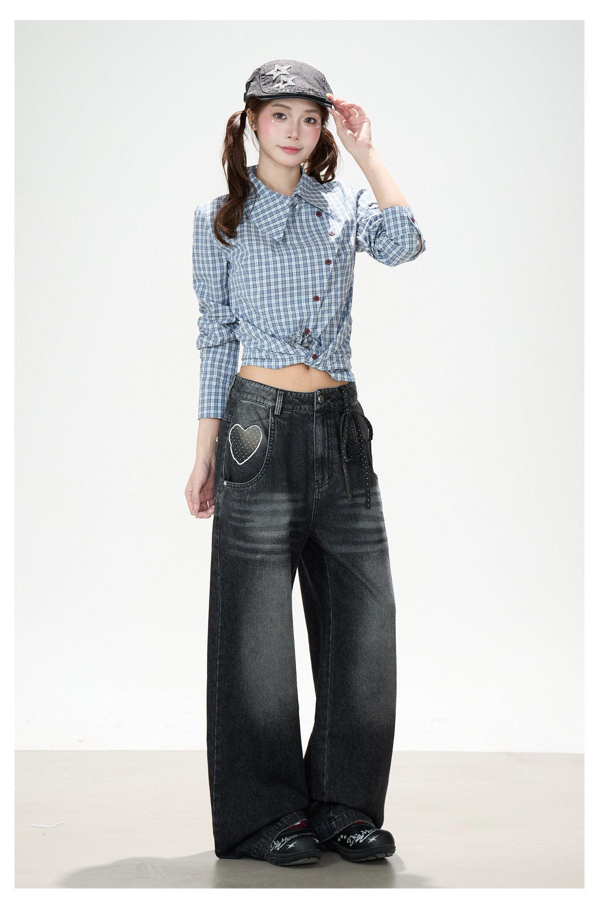 Blue Check Asymmetrical Shirt & Washed Wide-Leg Pants