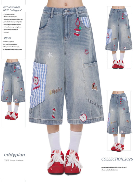 Apple Plaid Cropped Wide-Leg Jeans