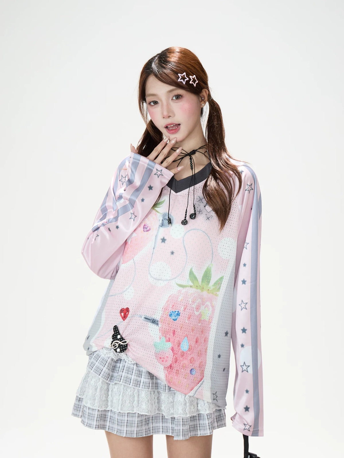Strawberry Star Mesh V-Neck Long Sleeve Jersey Top