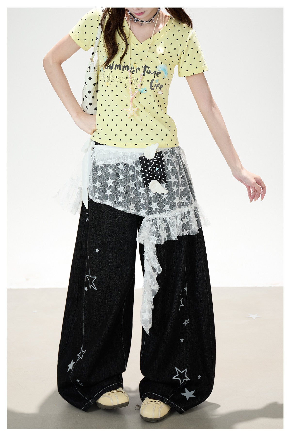 Star Print Lace Layered Wide-Leg Jeans