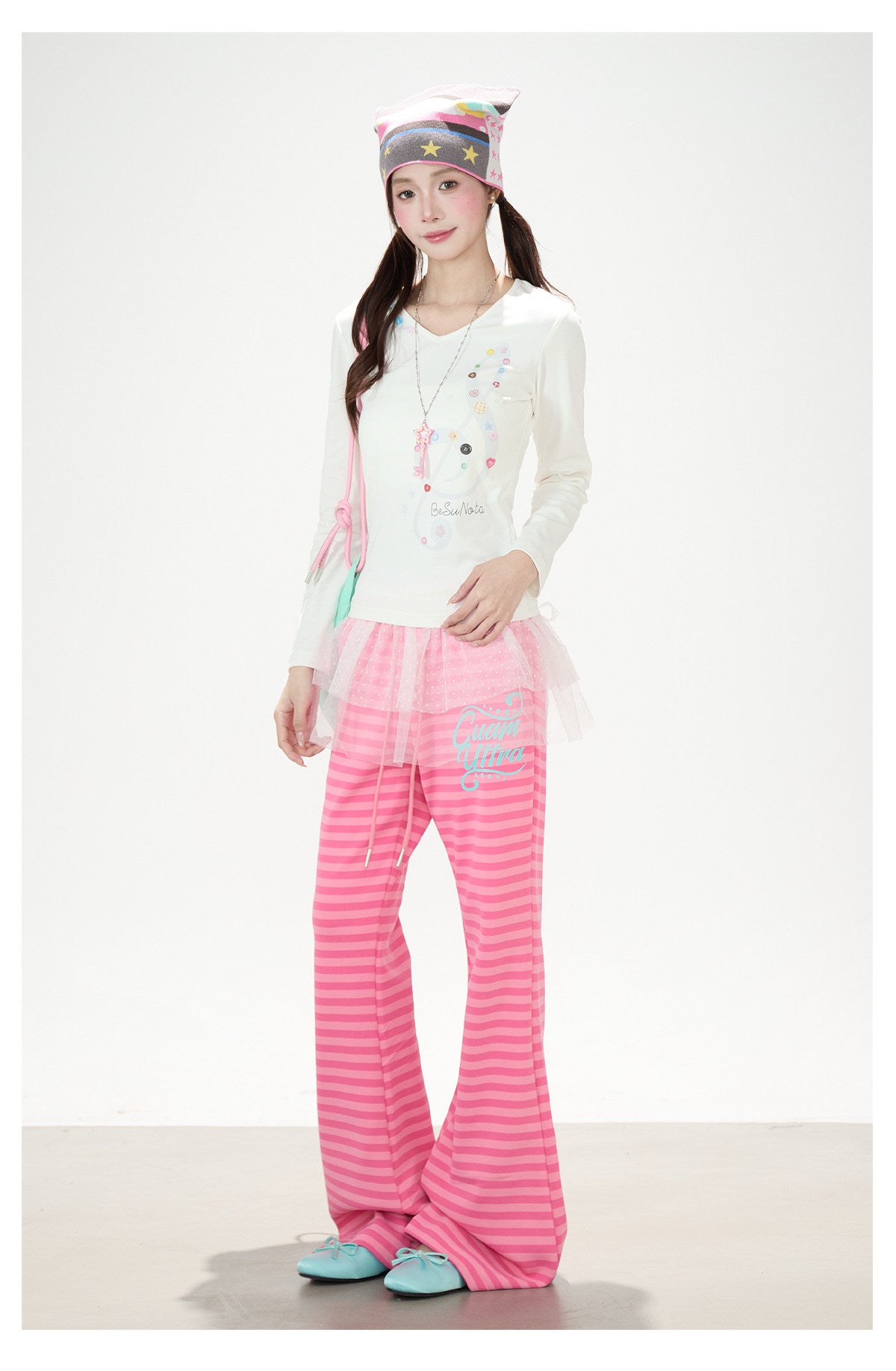 Music Note Star Button V-Neck Long Sleeve Top & Pink Stripe Wide-Leg Pants