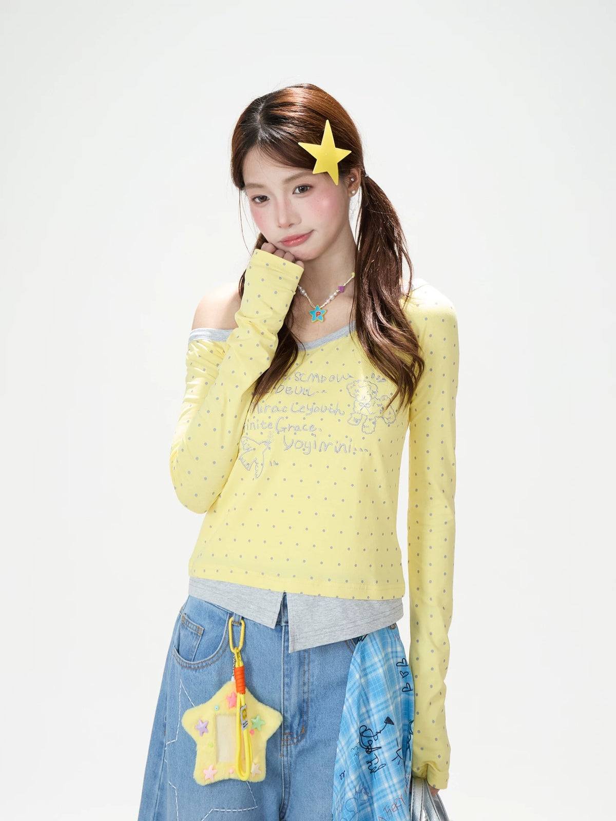 Letter Polka-Dot Off-Shoulder Layered Long Sleeve Top & Cartoon Star Wide-Leg Jeans with Charm
