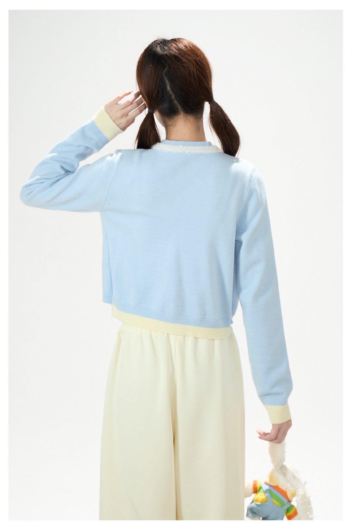 Faux Layered Soft Knit Cardigan & Apple Star Patch Wide-Leg Pants