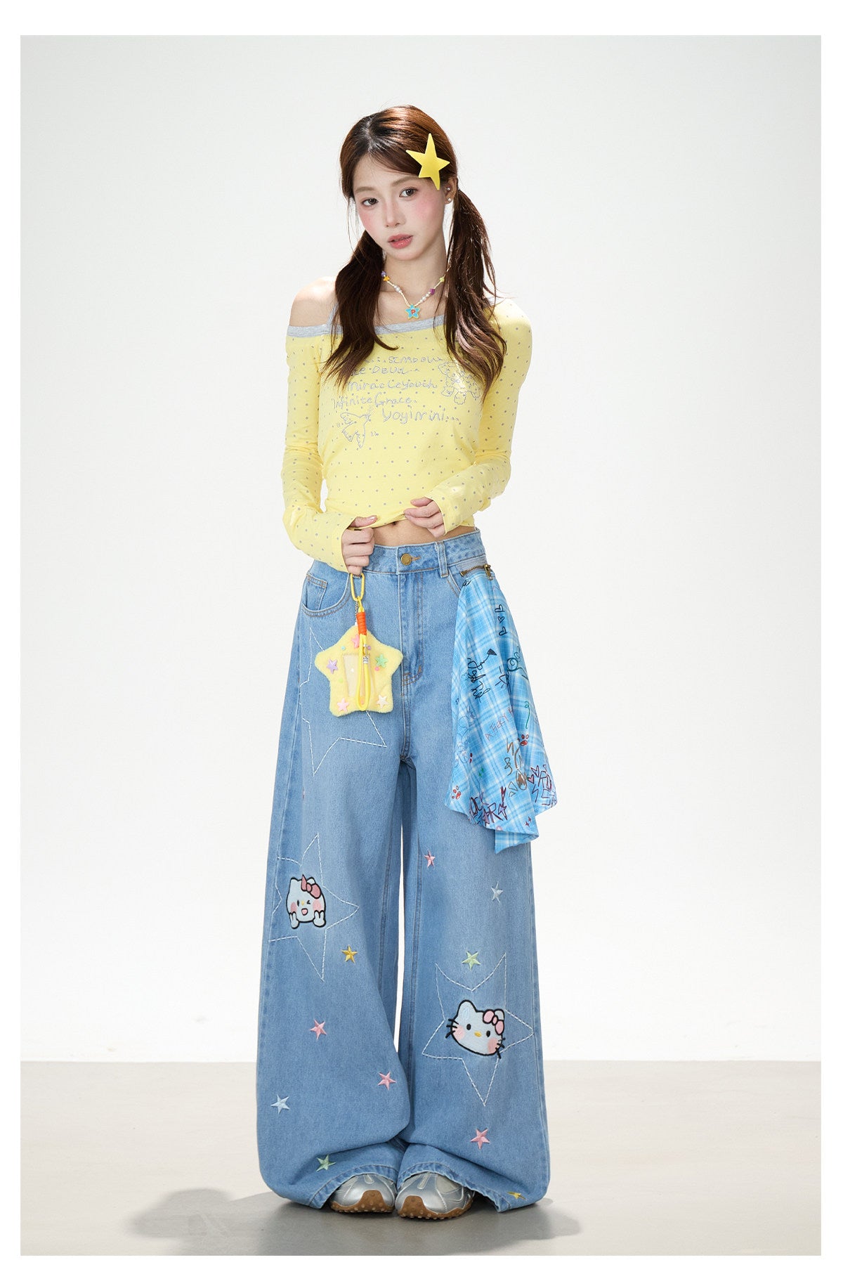 Polka-Dot Halter Off-Shoulder Long Sleeve Top & Wing Lace Wide-Leg Cargo Pants