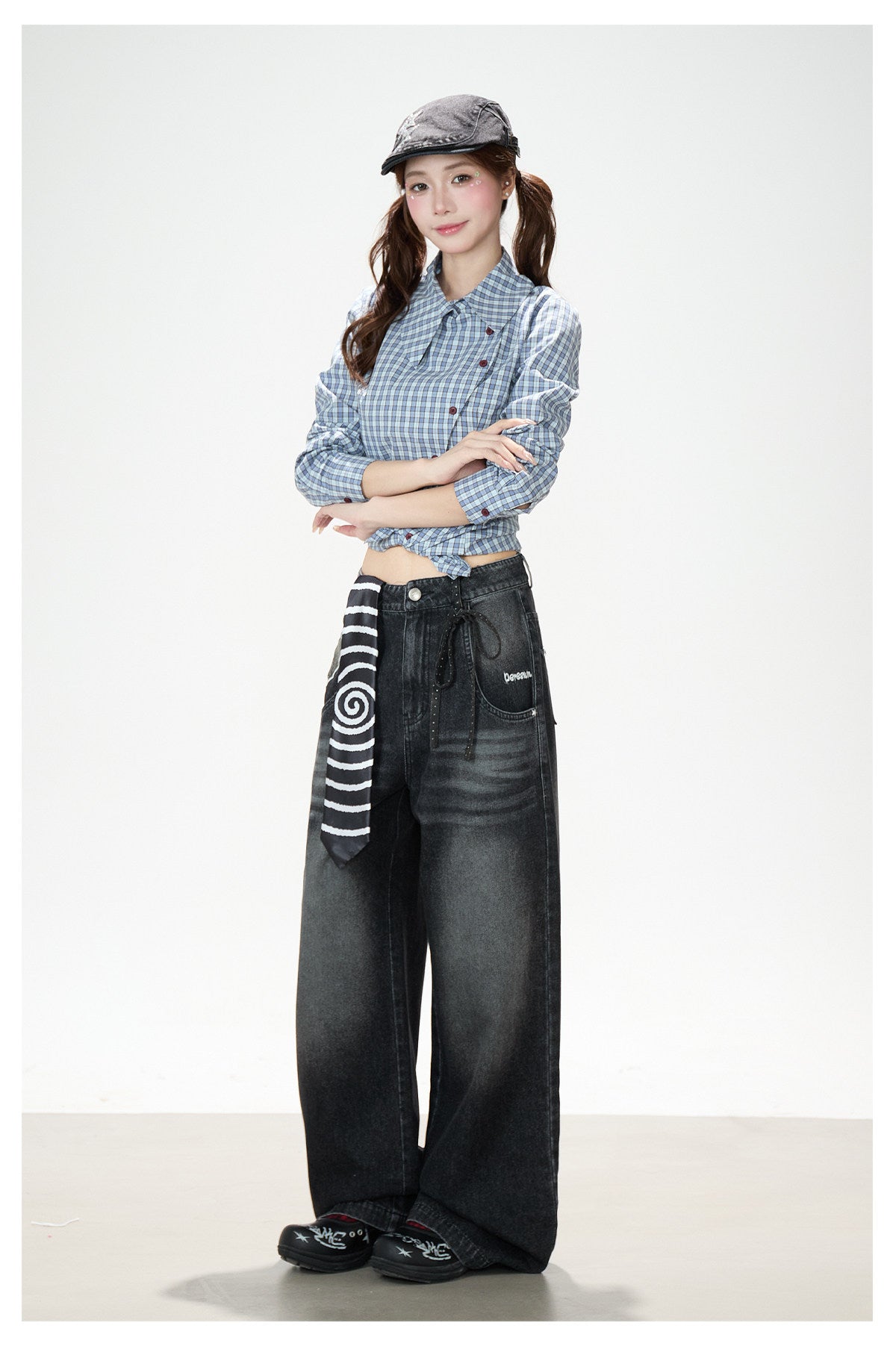 Blue Check Asymmetrical Shirt & Washed Wide-Leg Pants