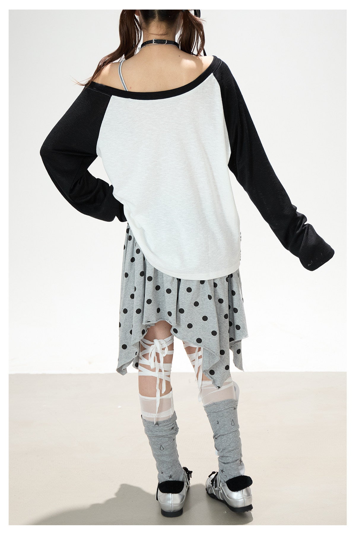 Cartoon Girl Off-Shoulder Long Sleeve Top & Asymmetric Polka-Dot Mini Skirt
