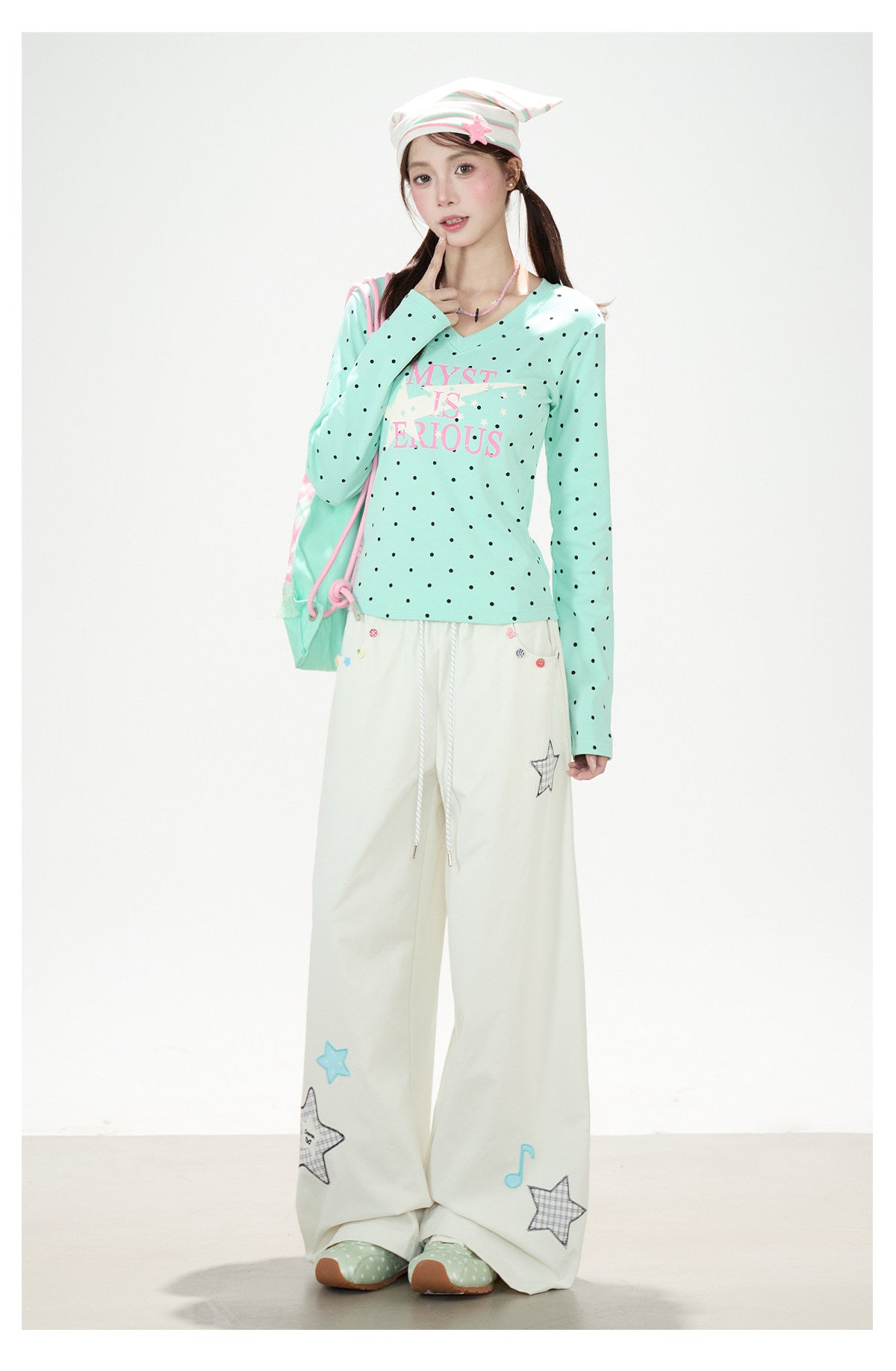 Polka-Dot V-Neck Long Sleeve Top & Star Music Note Wide-Leg Pants