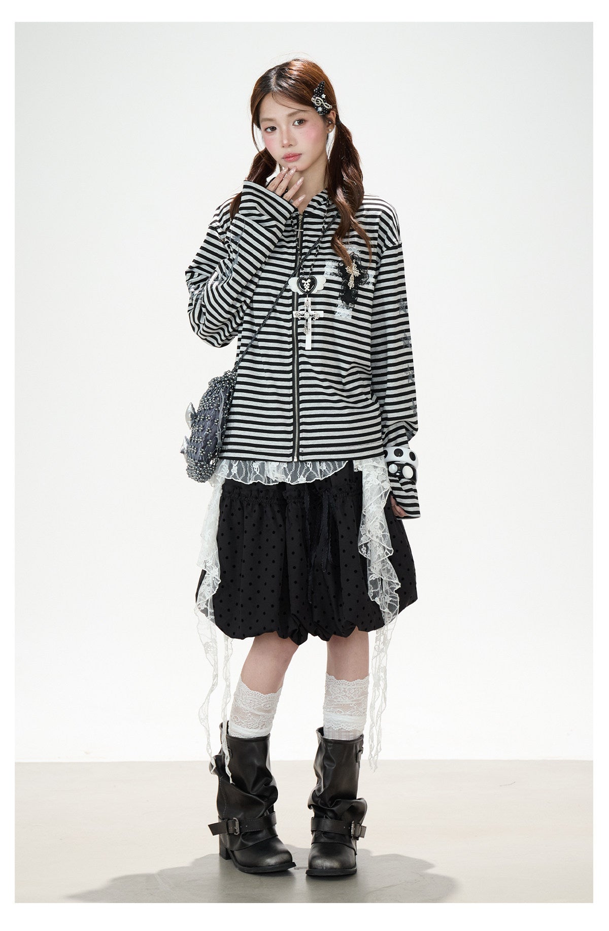 Lace Cross Stripe Zip-Up Hoodie & Black Polka-Dot Ruffle Midi Skirt
