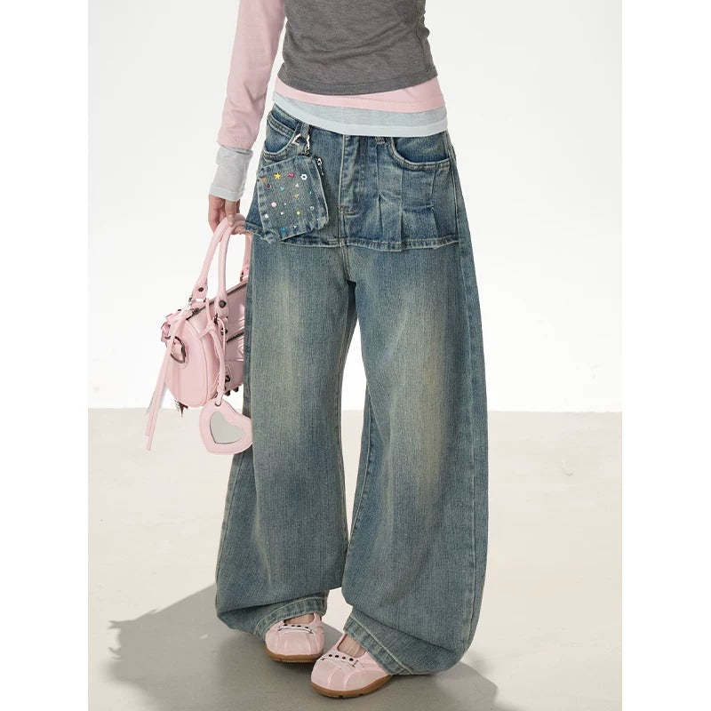 Layered Contrast Long Sleeve Top & Washed Wide-Leg Jeans