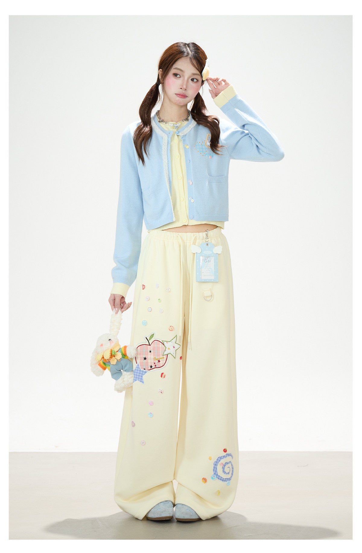 Faux Layered Soft Knit Cardigan & Apple Star Patch Wide-Leg Pants