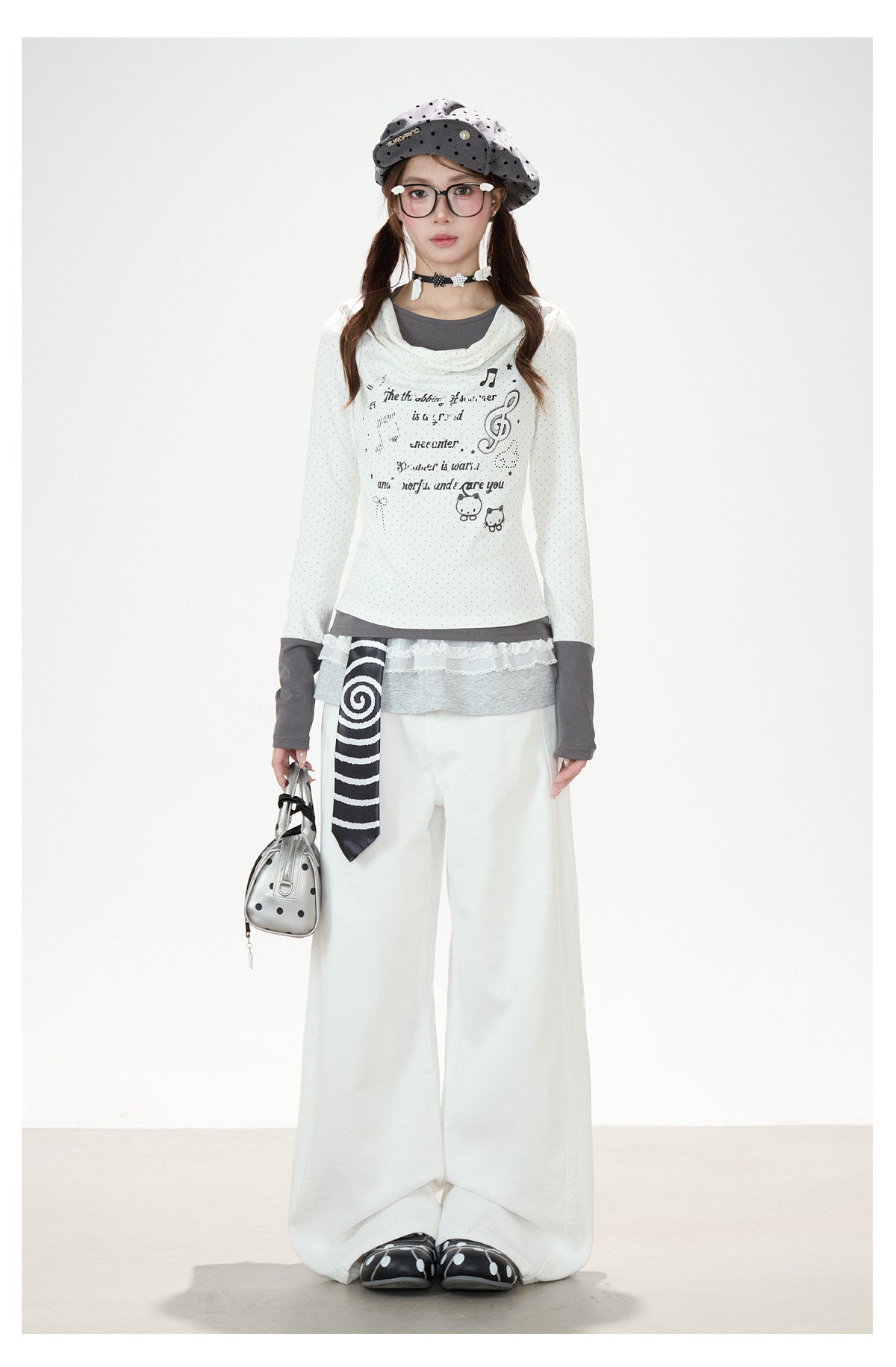 Music Note Cat Polka-Dot Layered Long Sleeve Top & White Wide-Leg Pants