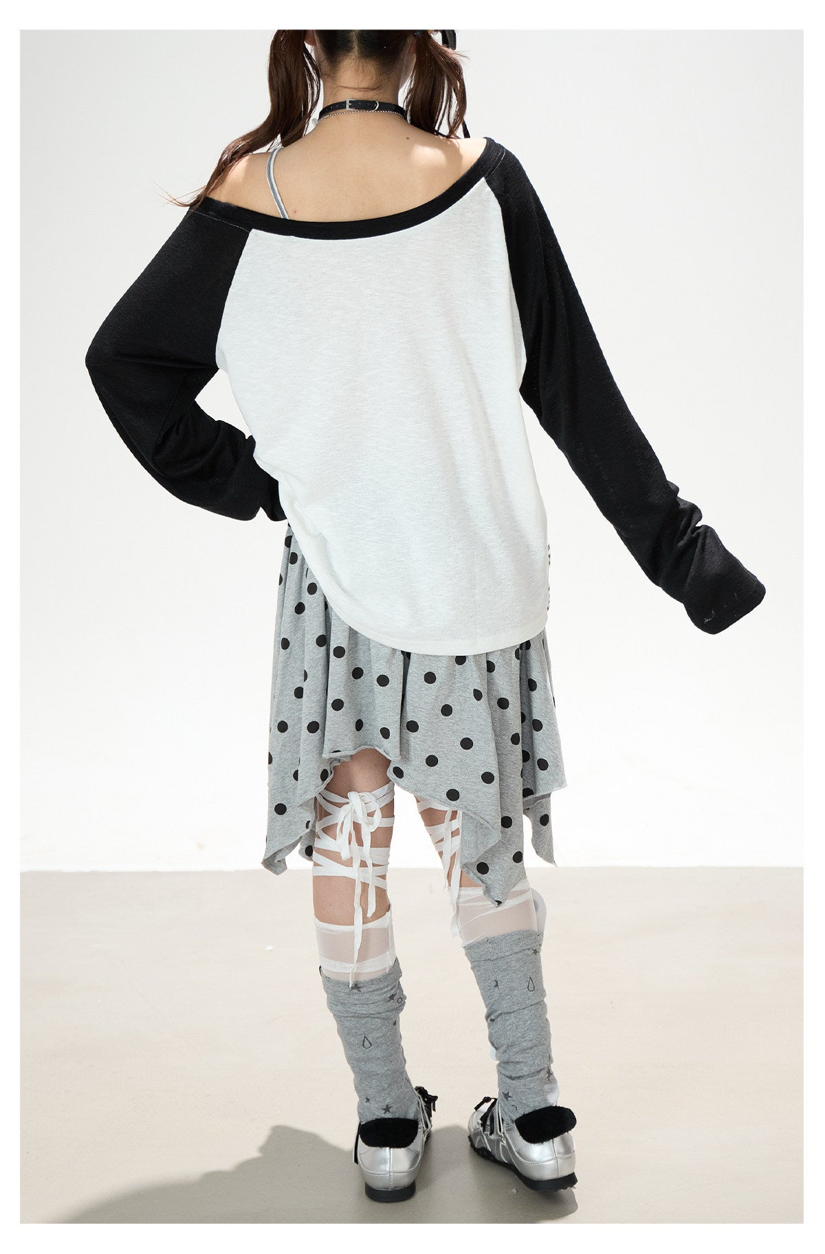 Cartoon Girl Off-Shoulder Long Sleeve Top & Asymmetric Polka-Dot Mini Skirt