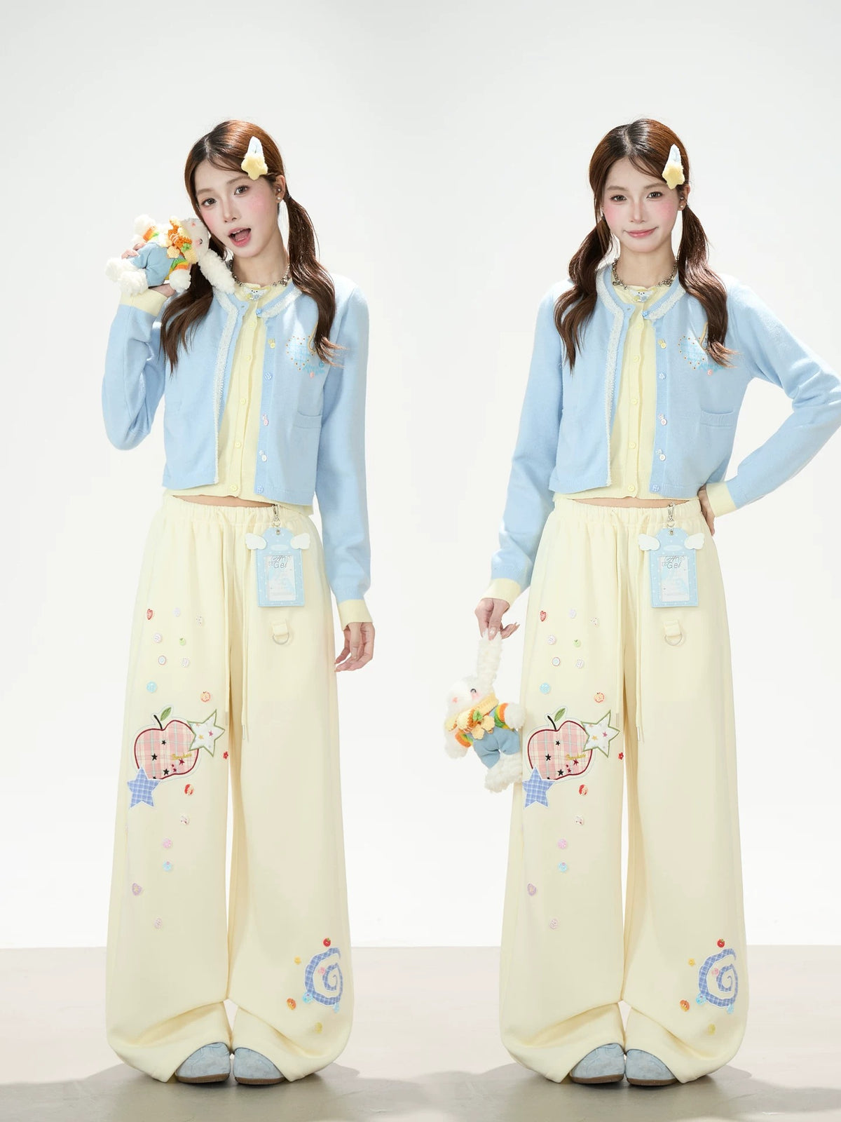 Faux Layered Soft Knit Cardigan & Apple Star Patch Wide-Leg Pants