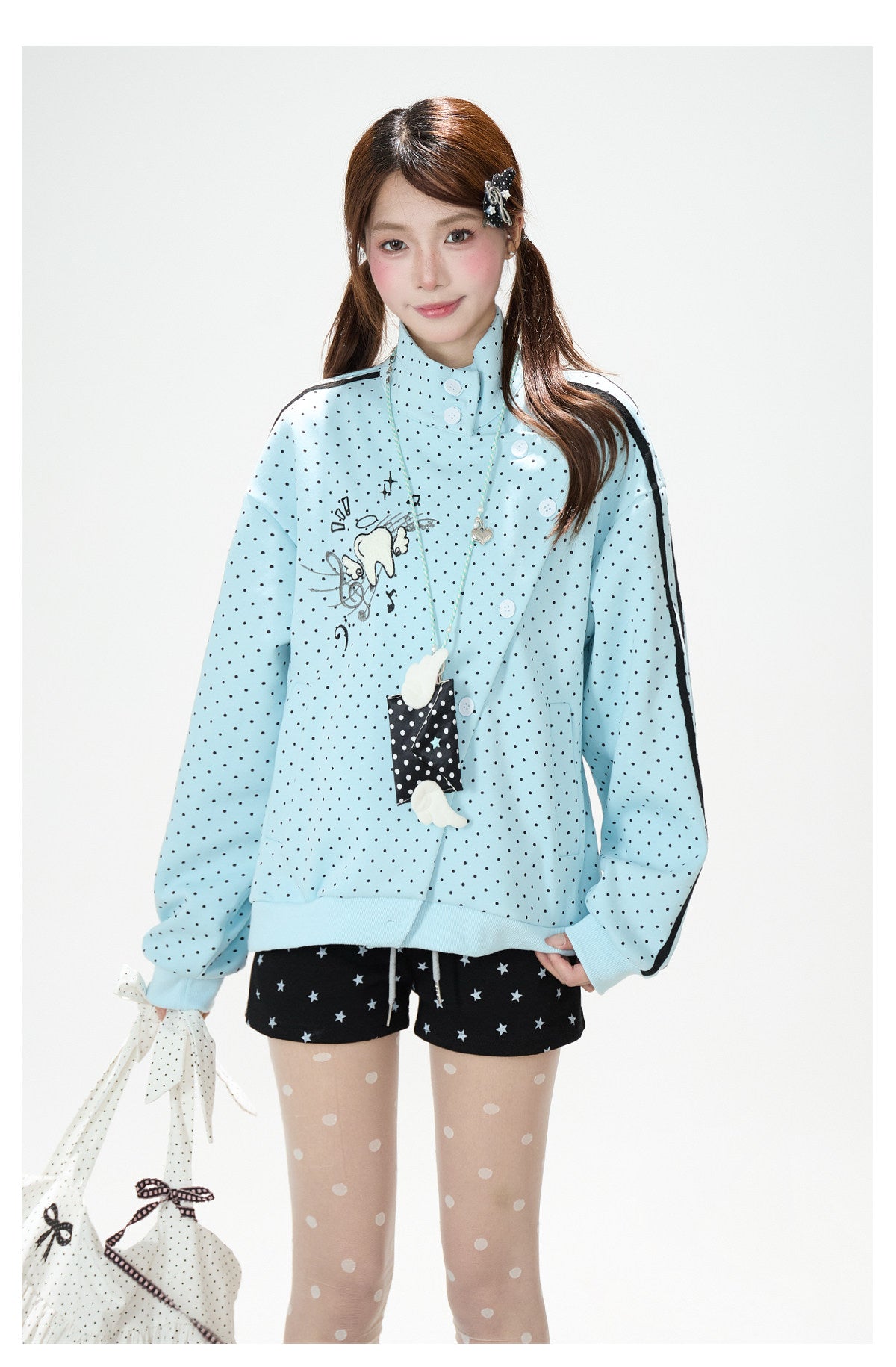 Polka-Dot Stripe Asymmetric Button Jacket & Black Tiered Mini Skirt
