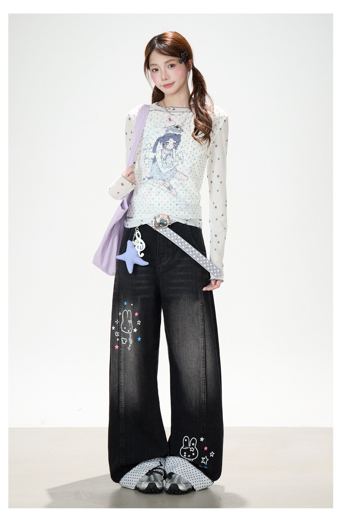 Anime Star Polka-Dot Mesh Long Sleeve Top & Bunny Graphic Wide-Leg Jeans