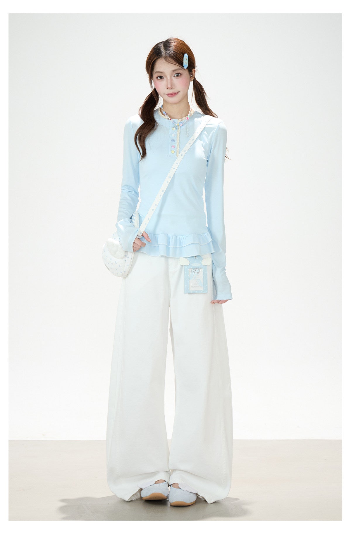 Ruffle Hem Button Long Sleeve Top & White Wide-Leg Pants