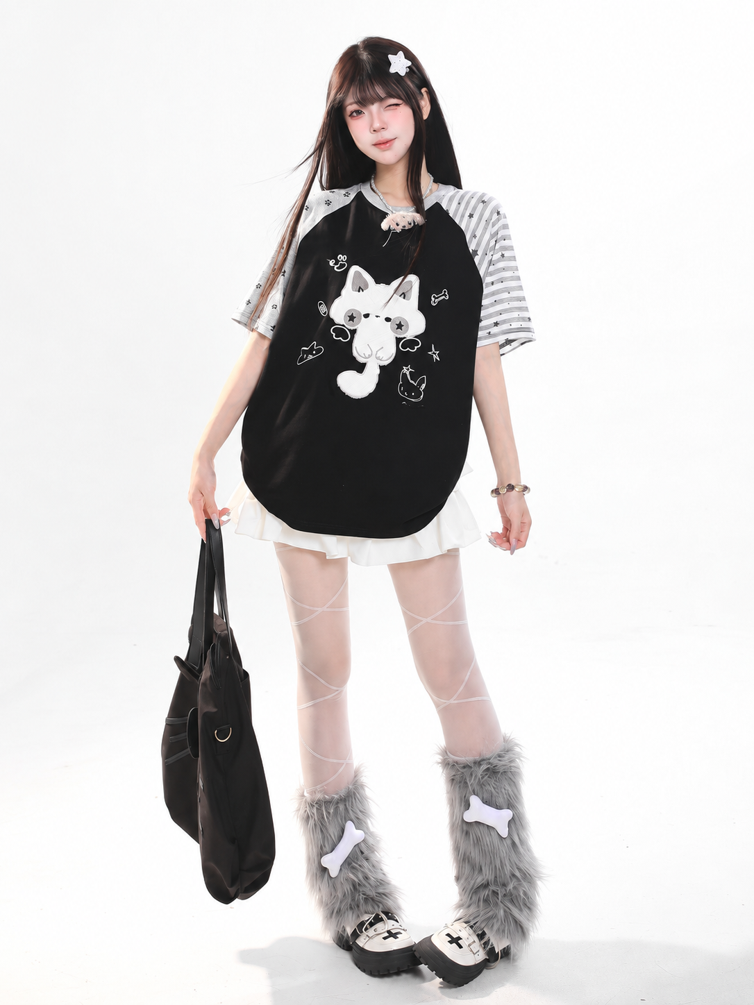 Mismatch Sleeve Kitty Graphic Oversized Tee