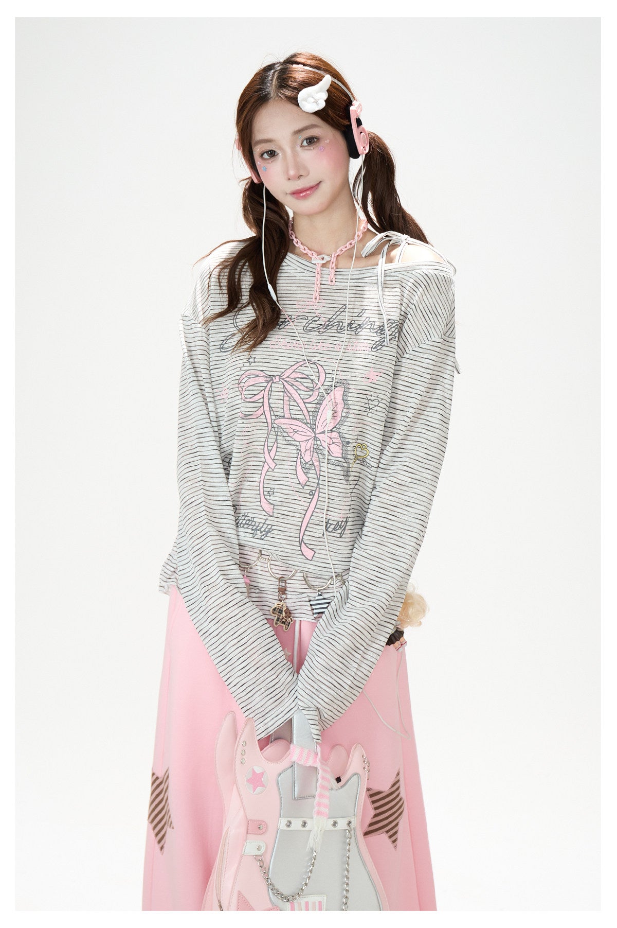 Bow Stripe Off-Shoulder Long Sleeve Top & Pink Wide-Leg Pants