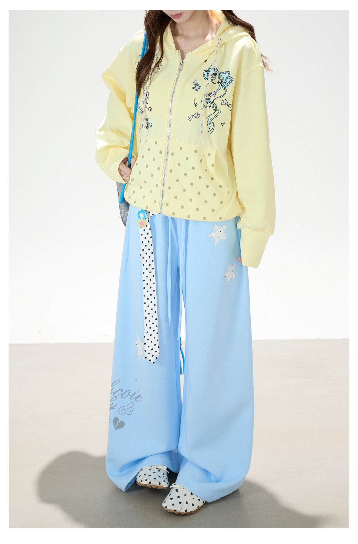 Bow Music Note Polka-Dot Zip-Up Hoodie & Blue Star Wide-Leg Pants