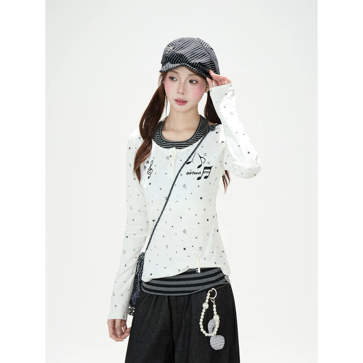 Star Music Note Halter Layered Long Sleeve Top & Black Wide-Leg Pants